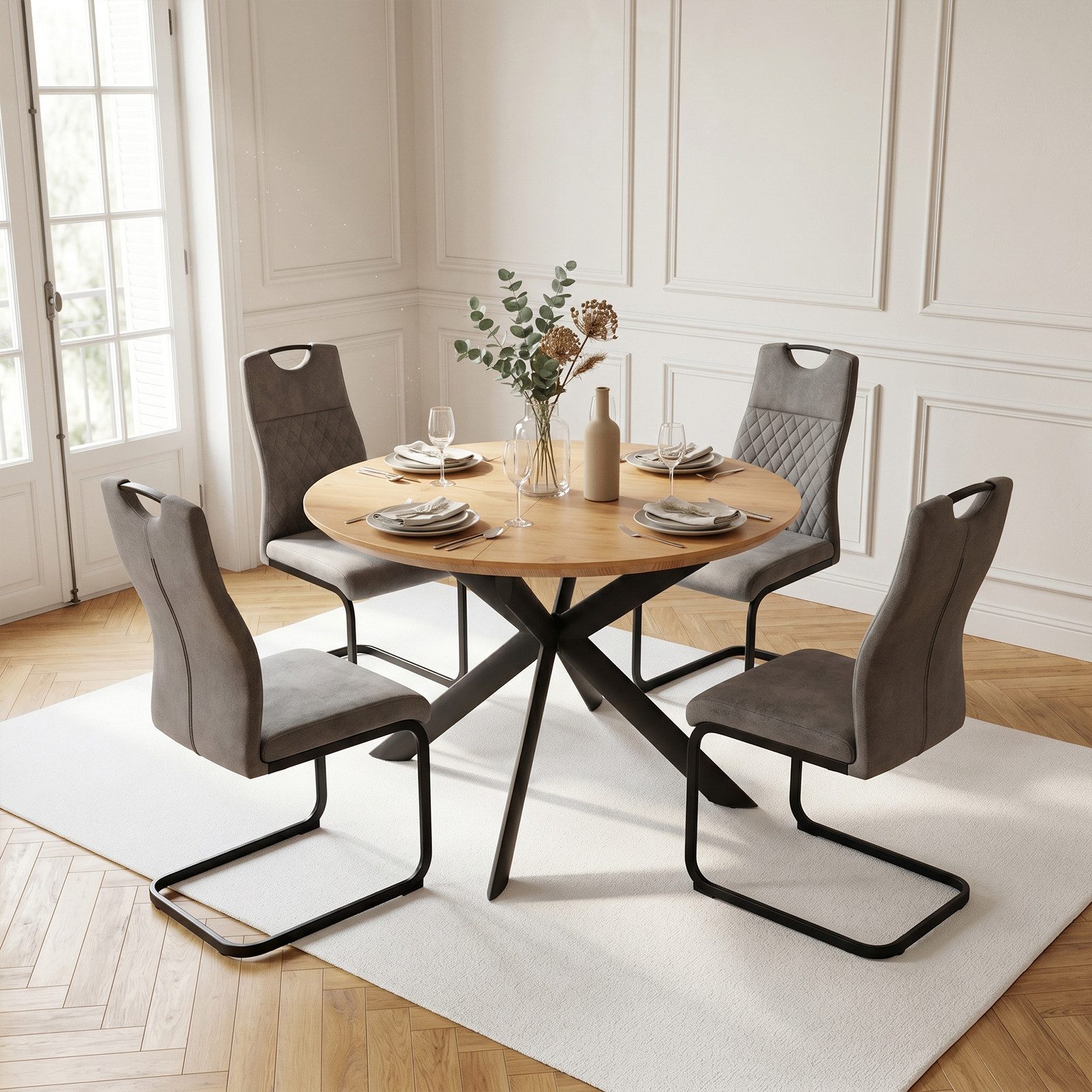 Jiexi Essgruppe Tisch- und Stuhlset, Runder Esstisch (115×75 cm) mit 4 Stühlen