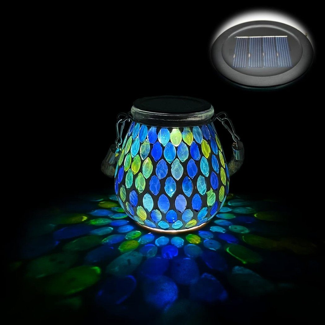 TUABUR Gartenleuchte Solar-Mosaik-Lampe, Einmachglas-Lampe, Solar-Laterne-Tischlampe Blau