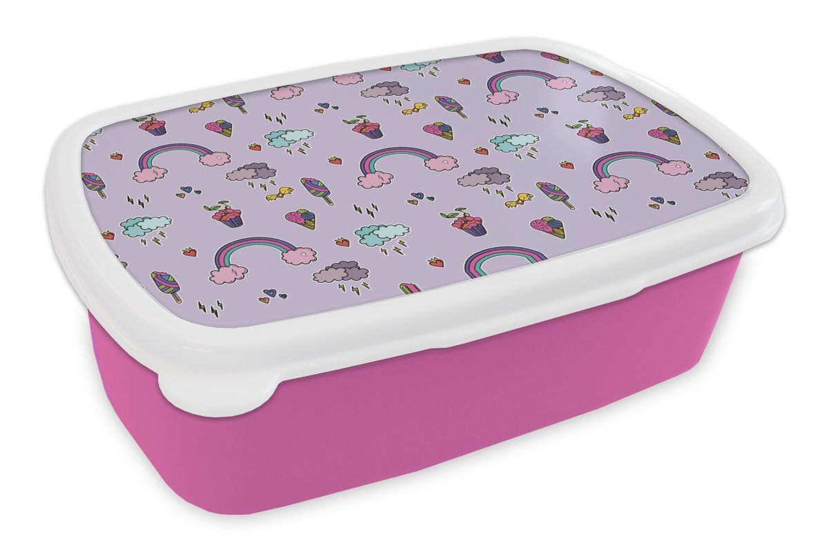 MuchoWow Lunchbox Muster - Regenbogen - Krone - Mädchen - Kinder - Kinder, Kunststoff, (2-tlg), Brotbox für Erwachsene, Brotdose Kinder, Snackbox, Mädchen, Kunststoff rosa