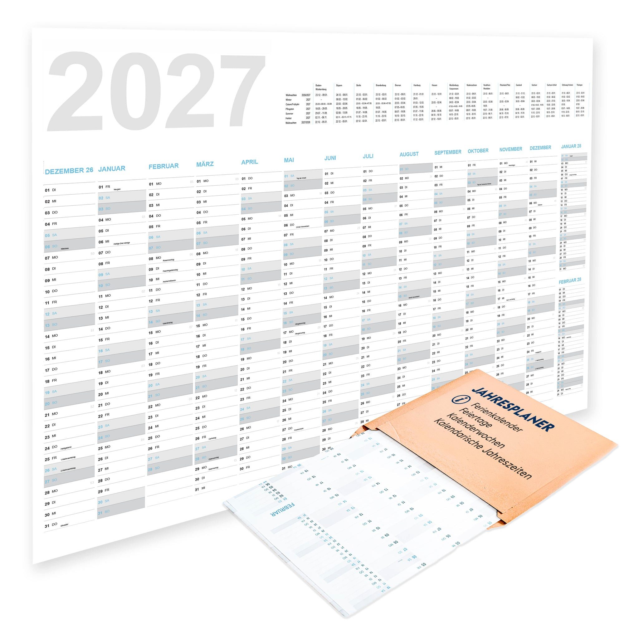 FLYERALARM Wandkalender Jahreskalender 2027 Wandkalender (100x70 cm) + Jan, Feb 2028, Große Felder