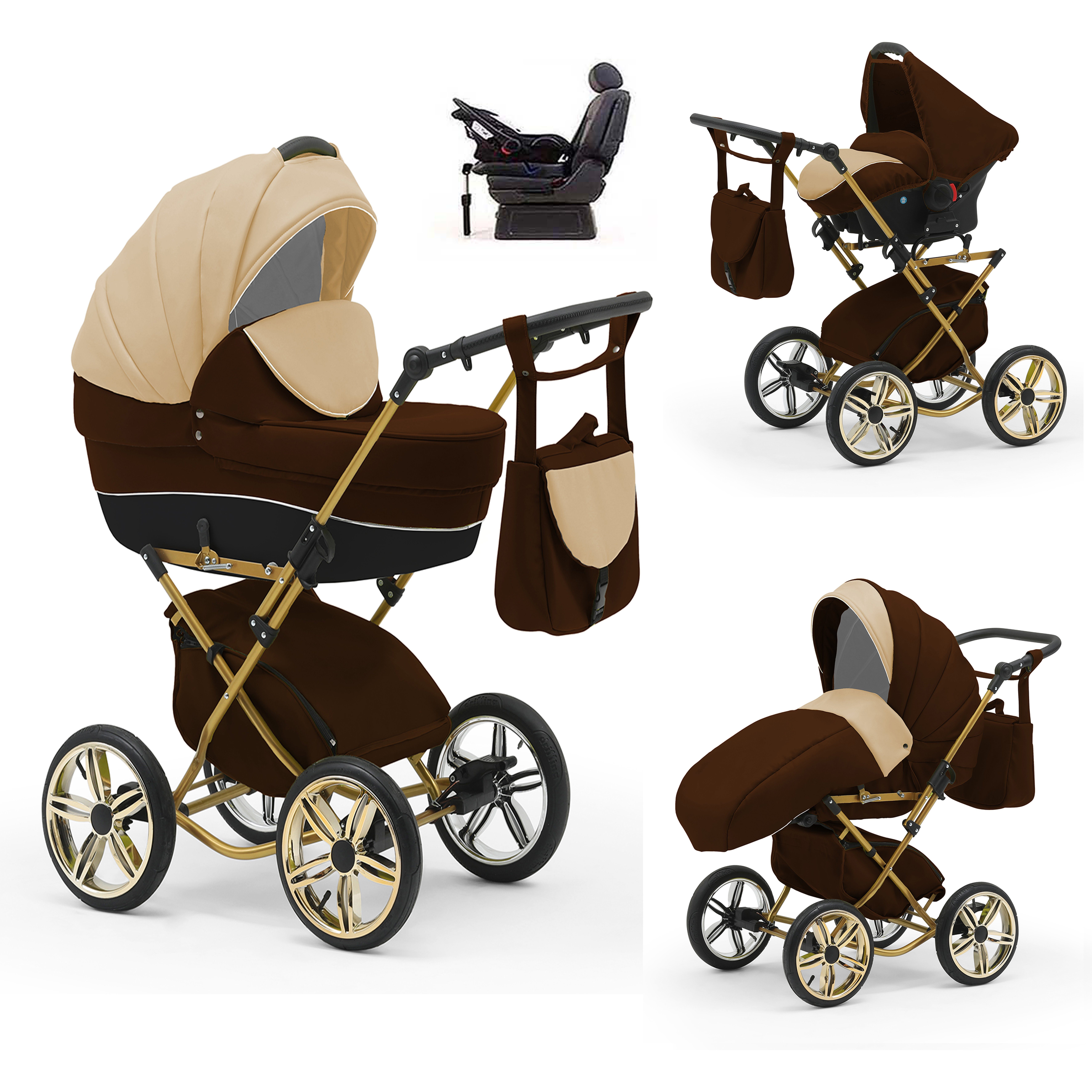 babies-on-wheels Kombi-Kinderwagen Sorento 4 in 1 inkl. Autositz und Iso Base - 14 Teile - in 10 Designs Beige-Braun