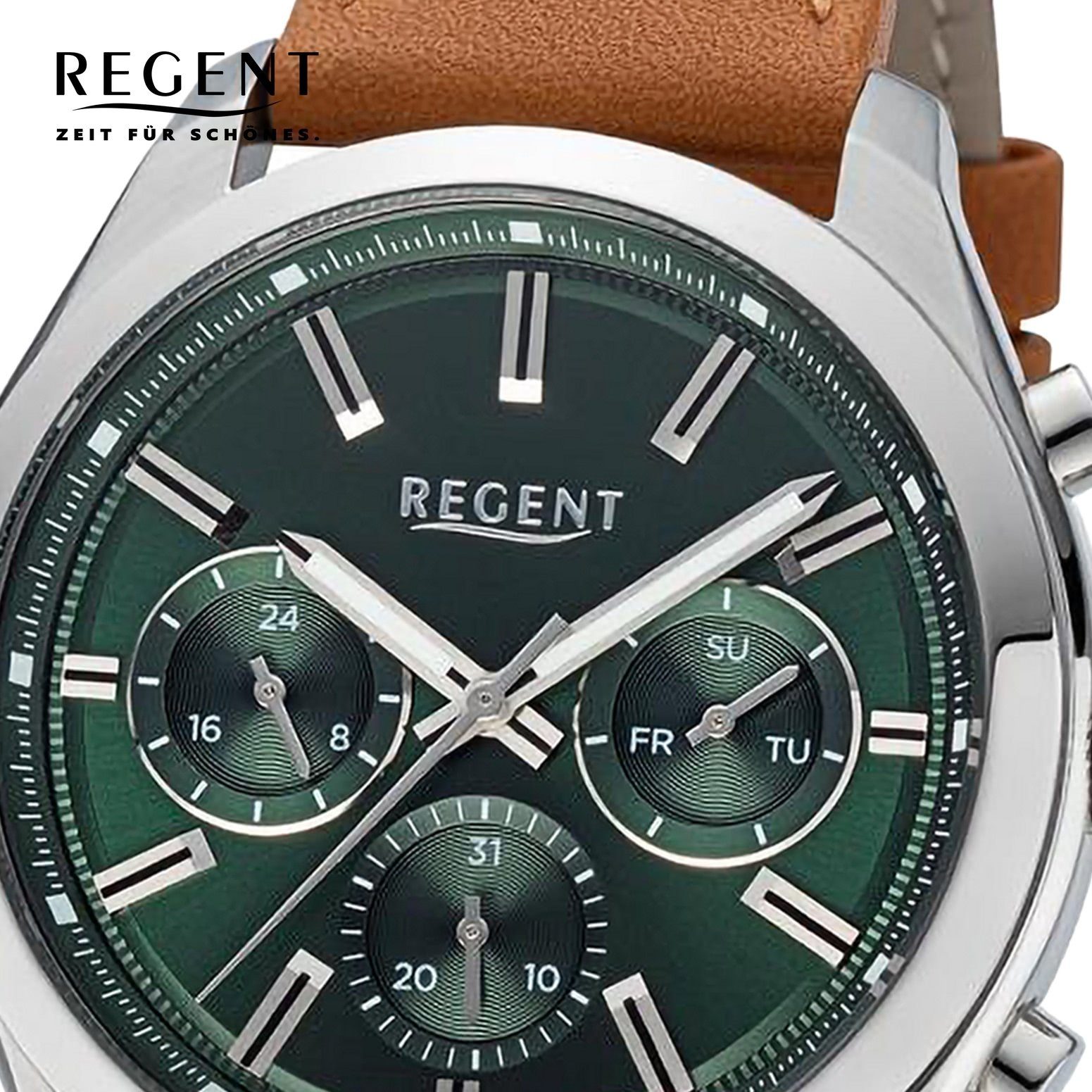 Regent Quarzuhr Regent Analog, Herren Armbanduhr rund, 44mm), extra Armbanduhr groß Lederarmband (ca. Herren