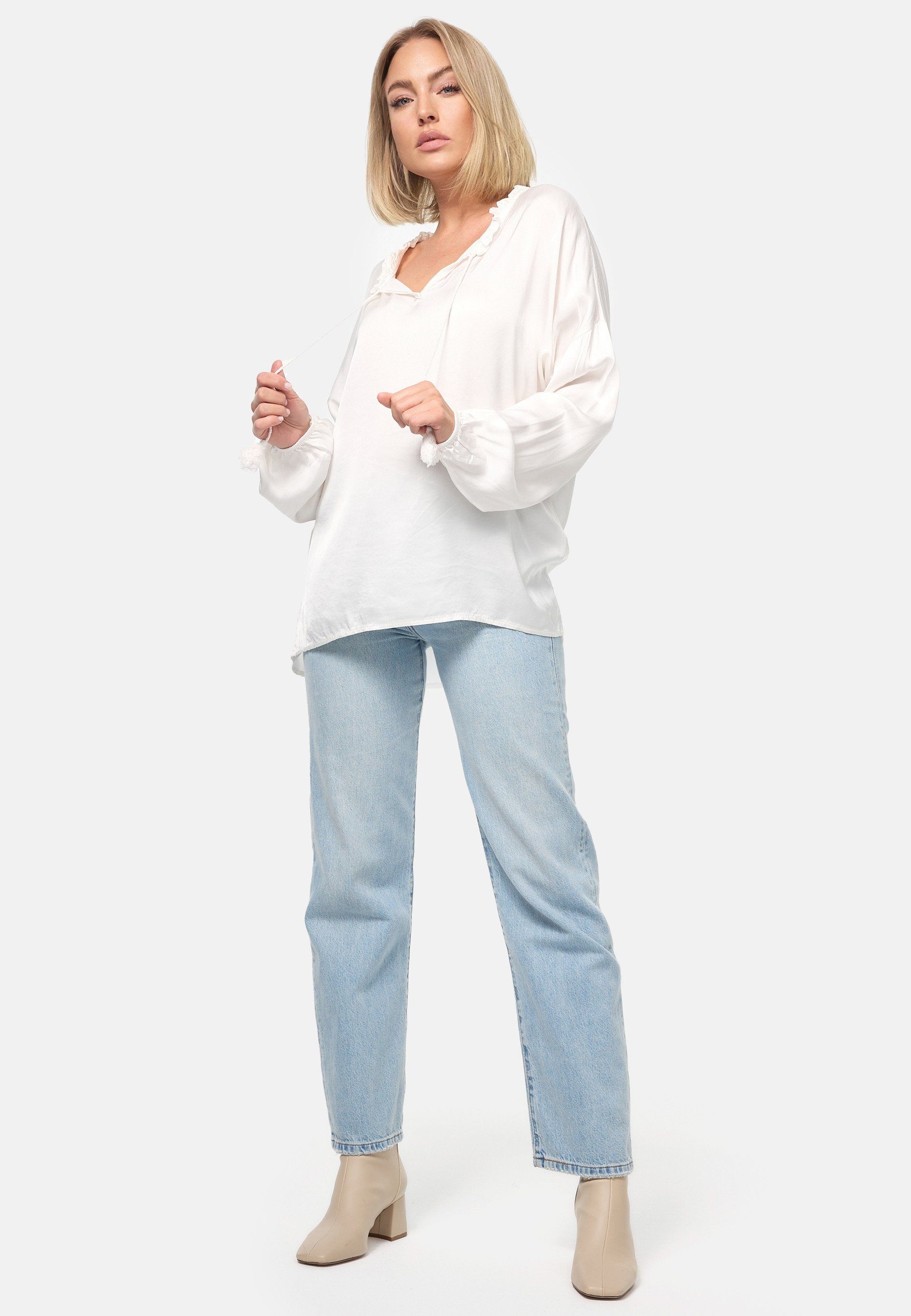 Business Satin Einheitsgröße) Schlupfbluse (Romantische PM-06 SELECTED Weiß Bluse PM Rüschenkragen mit