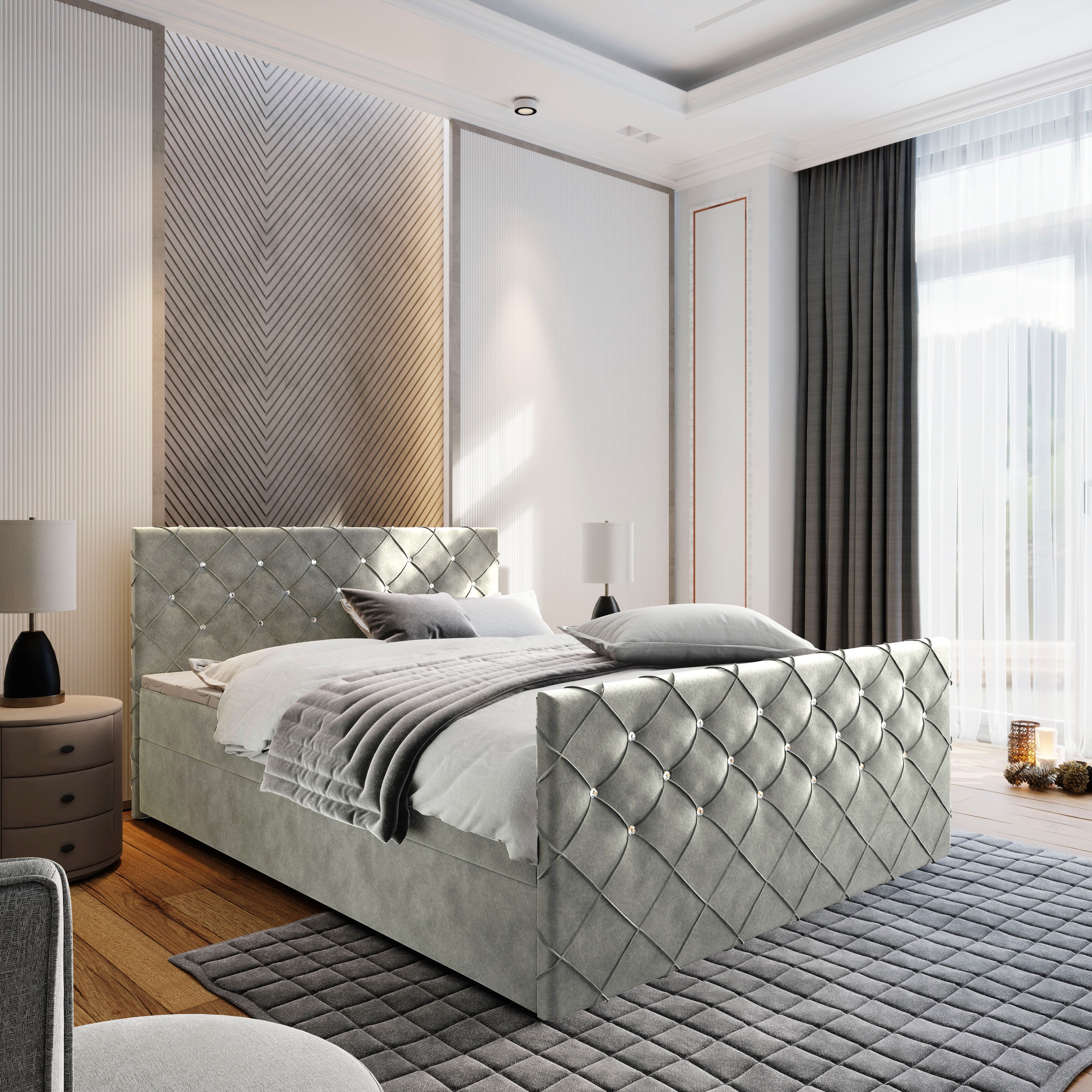 Masseno Boxbett MANDI 160x200 cm mit Bonell Matratze und Topper, Doppelbett, Polsterbett mit Kopfteil, Boxspringbett