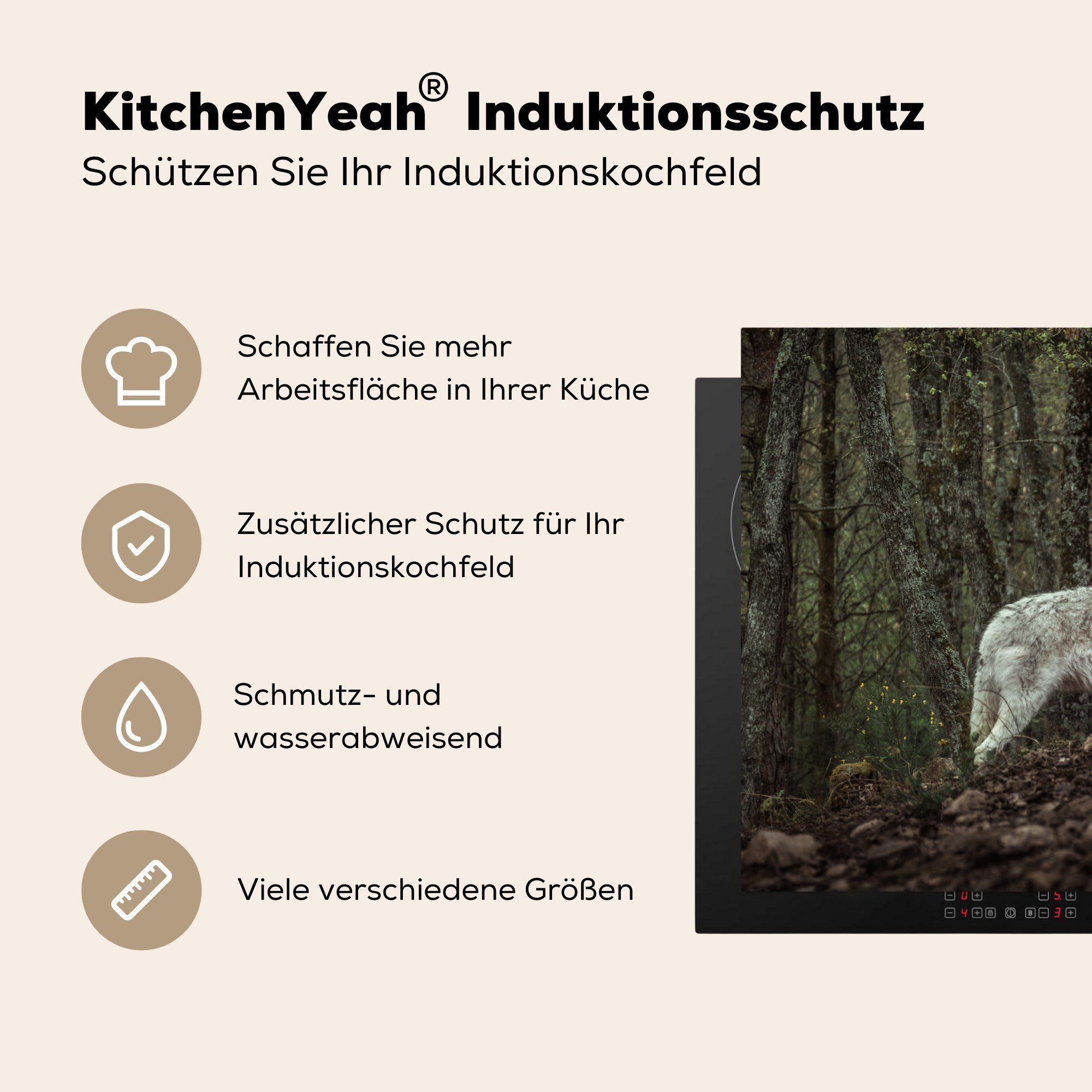 MuchoWow Herdblende-/Abdeckplatte Ceranfeldabdeckung tlg), Wolf - (1 - Schutz Vinyl, cm, 81x52 Mantel, Wald küche, Induktionskochfeld für die
