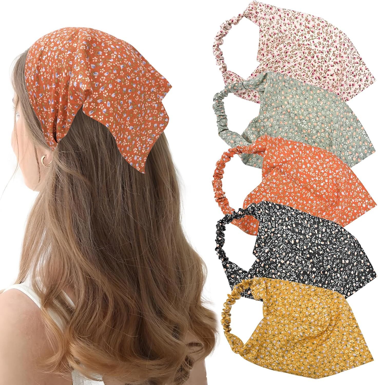 Zaewry Stirnband 5 Stück Boho Damen Blumen Stirnbänder Dreieck Kopftüchern (Chiffon Bandanas Süßes Turban Haarbänder, 5-St) Elastische Haarschal Kopfzubehör für Frauen und Mädchen