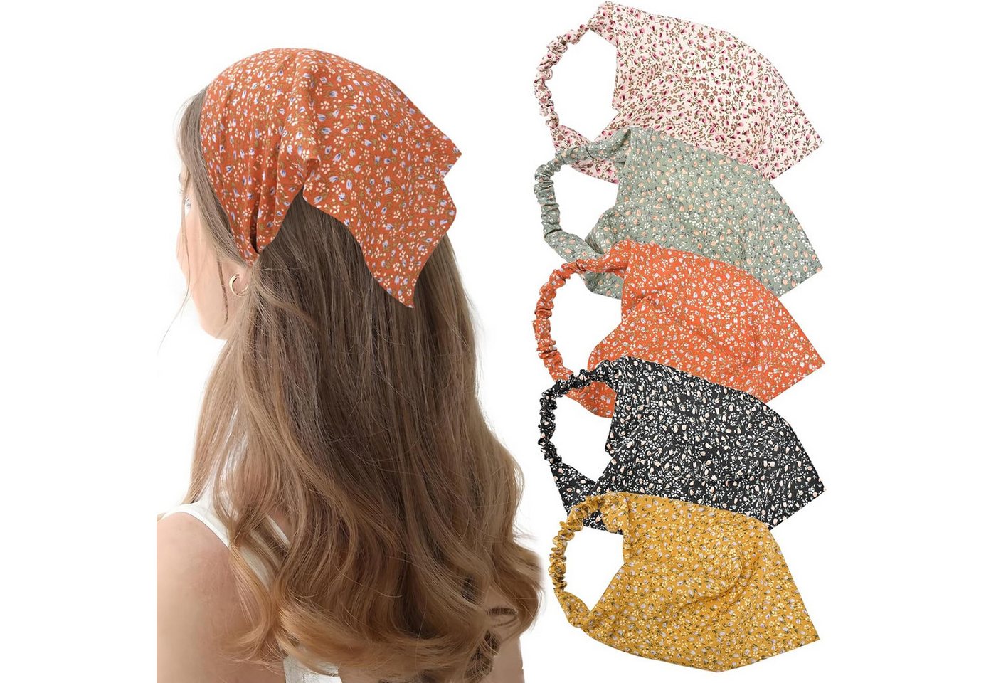 Zaewry Stirnband 5 Stück Boho Damen Blumen Stirnbänder Dreieck Kopftüchern (Chiffon Bandanas Süßes Turban Haarbänder, 5-St) Elastische Haarschal Kopfzubehör für Frauen und Mädchen
