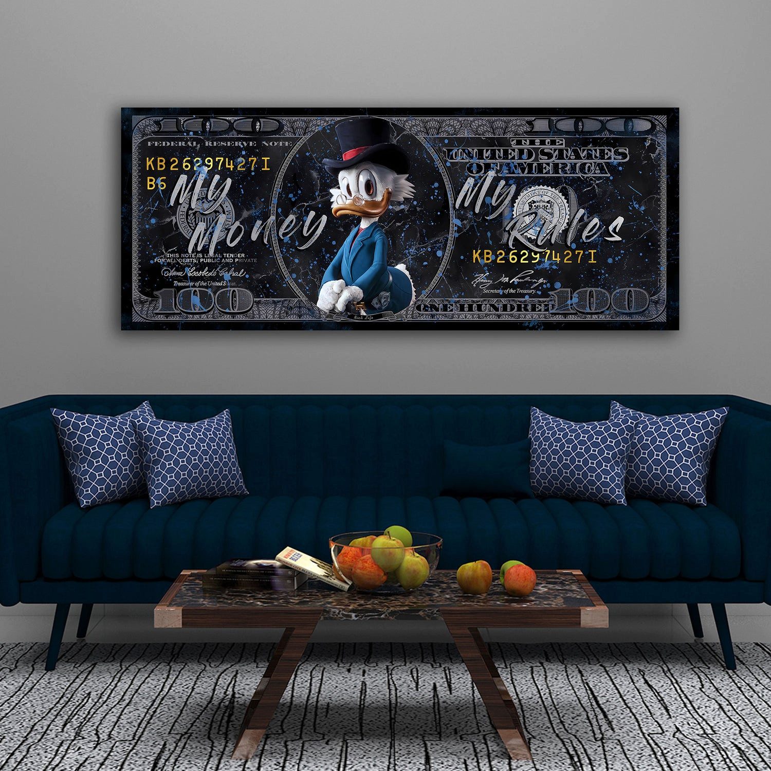 Artedinoi Leinwandbild Pop Art Comic Duck Dollar Leinwandbild Wandbild Kunstdruck XL Wanddeko, Comic-Ente mit Dollarschein