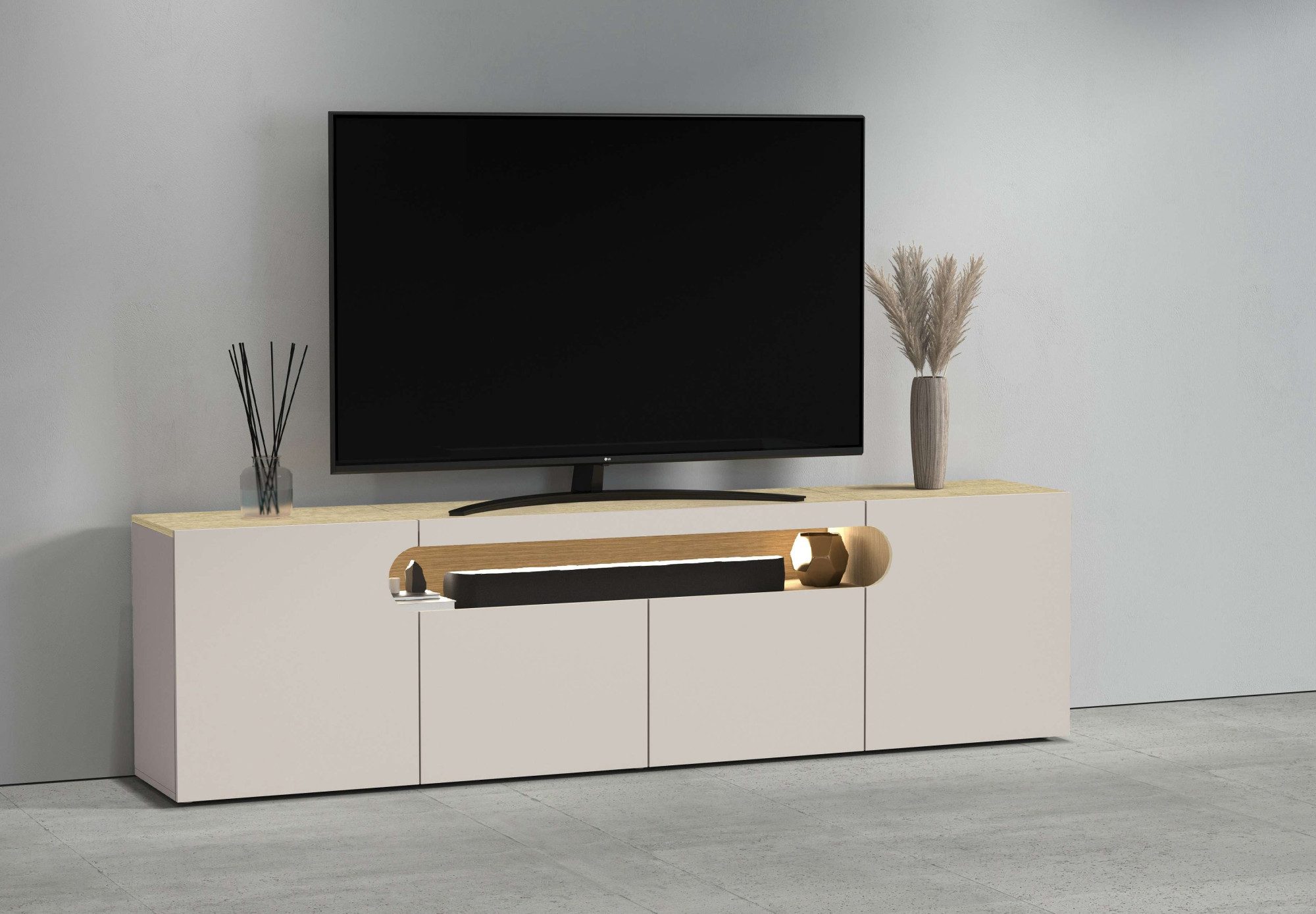 OTTO home Lowboard REAL,Lowboard,TV-Kommode,TV-Möbel,TV-Bank (1 St), Mit 4 Türen, davon 2 abgerundet, die ein ovales offenes Fach bilden