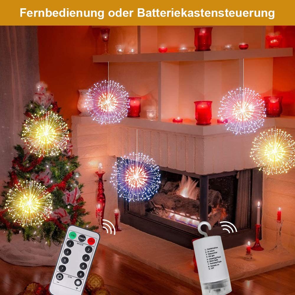 Rosnek LED-Lichterkette Feuerwerk, 198LEDs, Timer, Für Hochzeit Weihnachtsdeko, Fernbedienung, Kupferdraht, Batterie