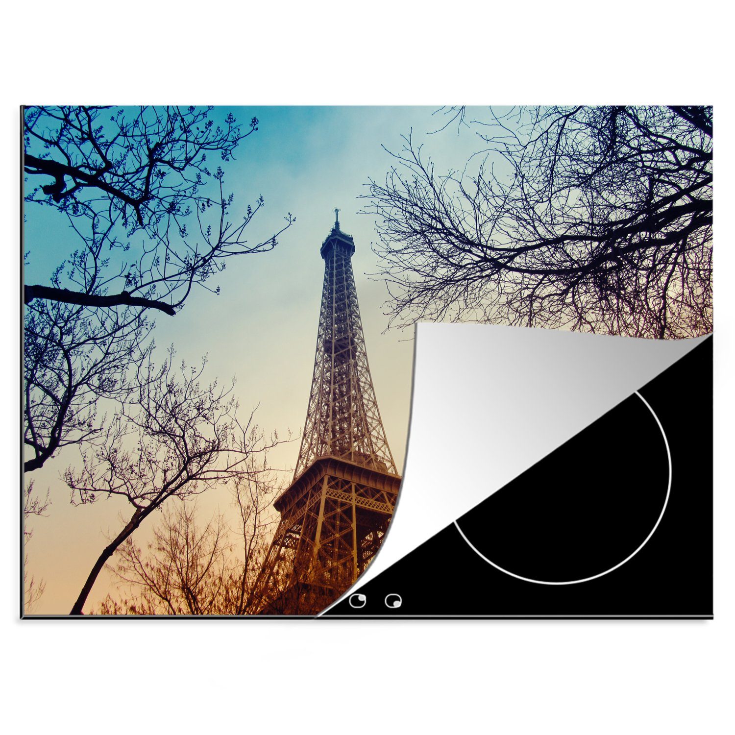 MuchoWow Herdblende-/Abdeckplatte Der Eiffelturm in Kombination mit kahlen Herbstzweigen und einer tief, Vinyl, (1 tlg), 70x52 cm, Mobile Arbeitsfläche nutzbar, Ceranfeldabdeckung
