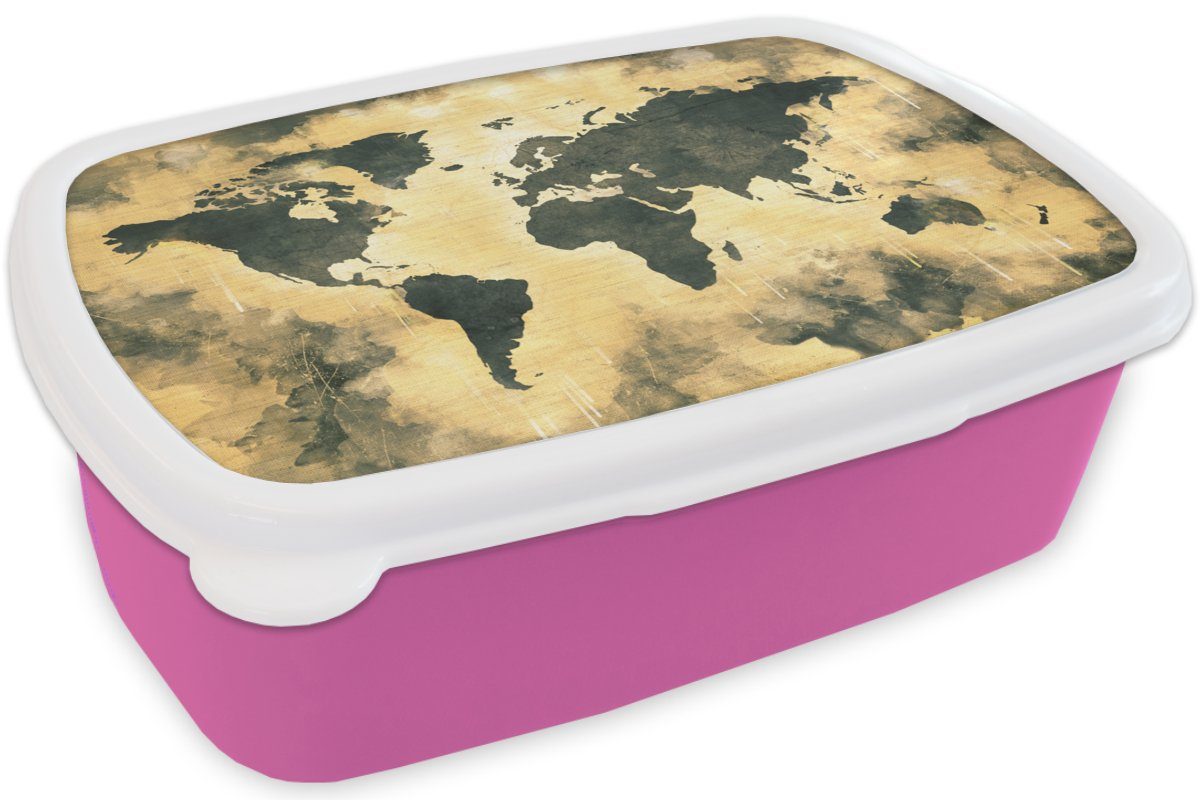 (2-tlg), Weltkarte Kunststoff, - Schwarz für - MuchoWow Braun, rosa Brotbox Kinder, Brotdose Kunststoff Mädchen, Erwachsene, Lunchbox Snackbox,