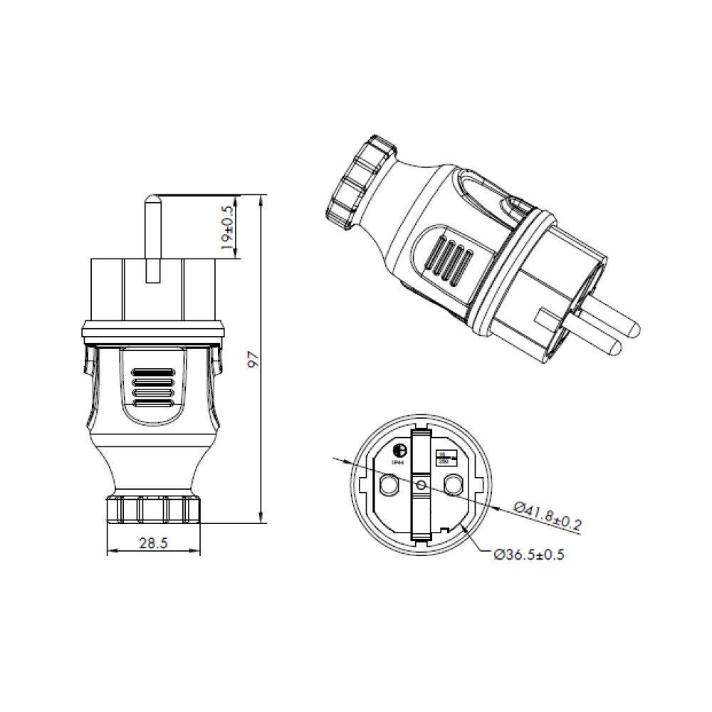 ARLI Schutzkontaktstecker spritzwassergeschützt Schuko Netzstecker Stromadapter, IP44Schutzkontakt Stecker Stromkabel Verlängerung