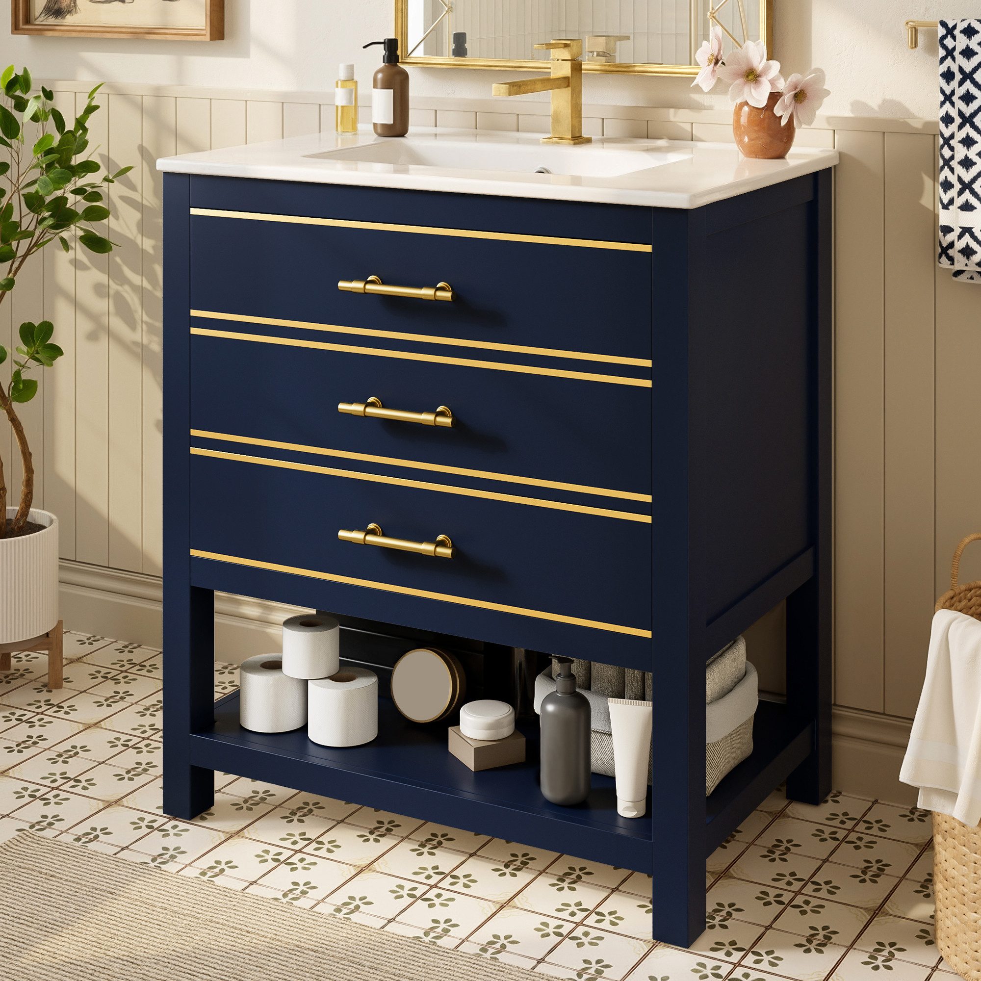 Odikalo Waschtisch Unterschrank Badmöbel mit Keramikbecken (mit 2 Schubladen & offenem Fach, hochwertige MDF-Platte mit Lackierung, goldene Griffe, ohne Armatur und Ablauf)