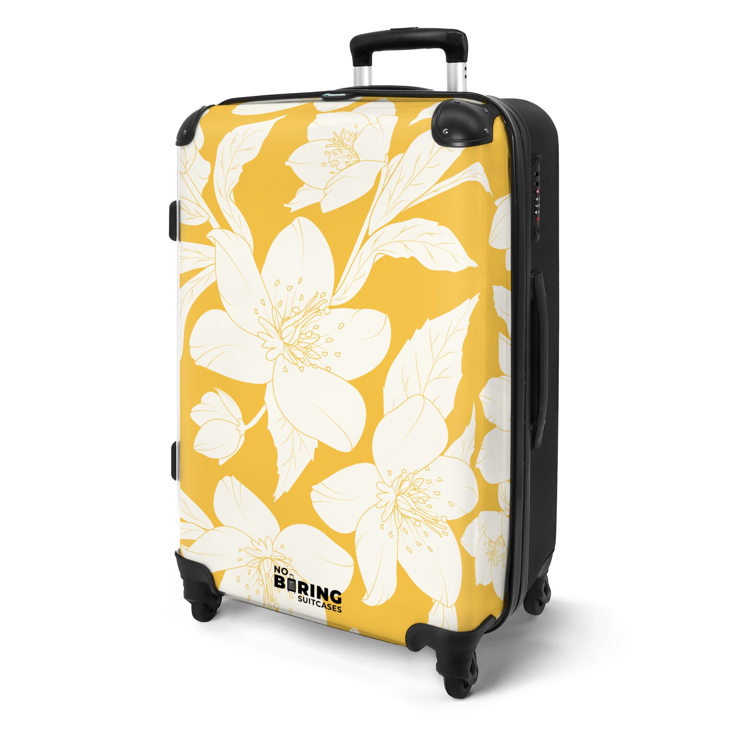 NoBoringSuitcases.com© Hartschalen-Trolley Gelb mit weißen Blüten günstig online kaufen