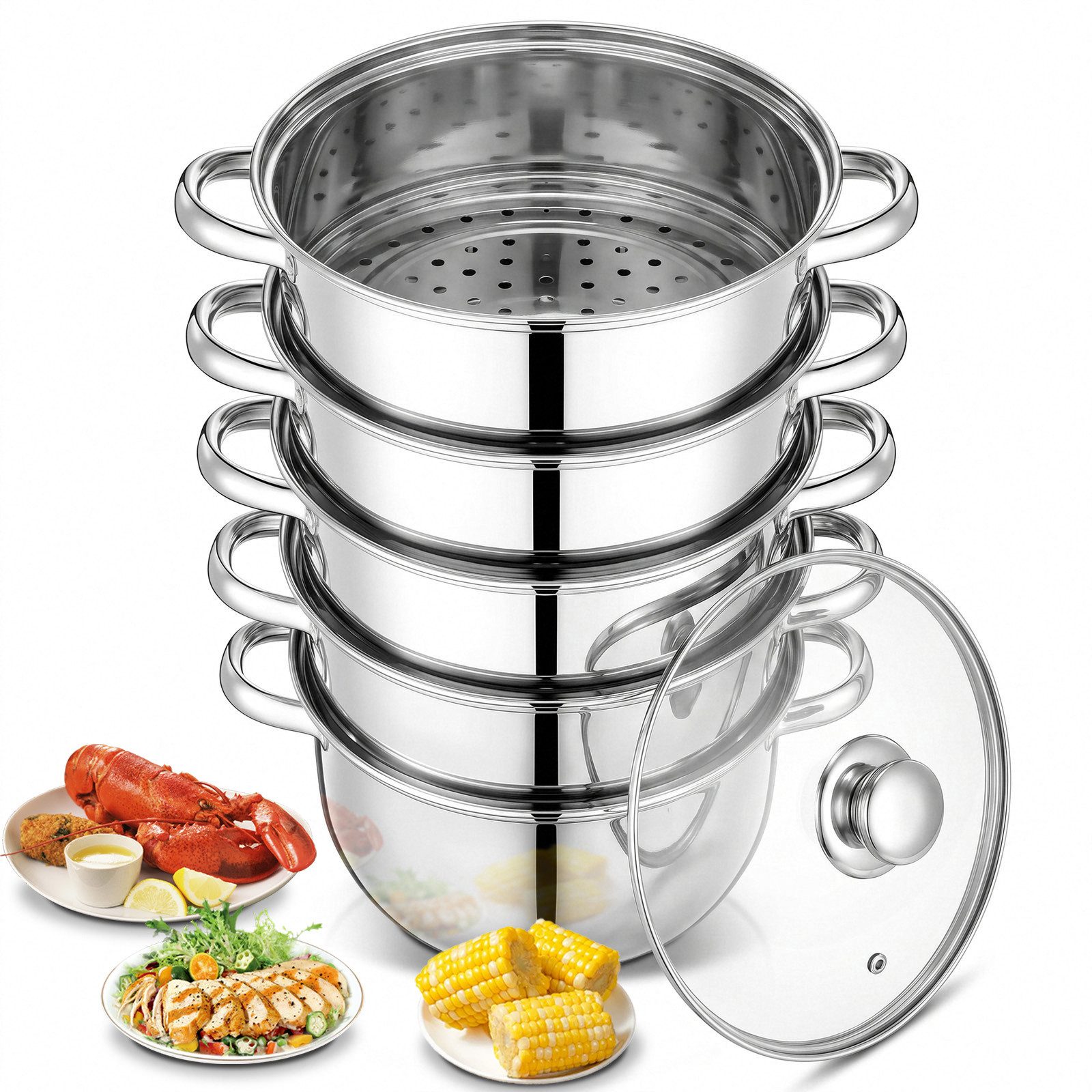 FOHERE Dampfgartopf Dampftopf Edelstahl Ø 26 cm, aus Edelstahl 18/10, für Alle Herdarten, Edelstahl (Set, auch Induktion), 5 In 1 mit Dampfeinsatz und Glasdeckel