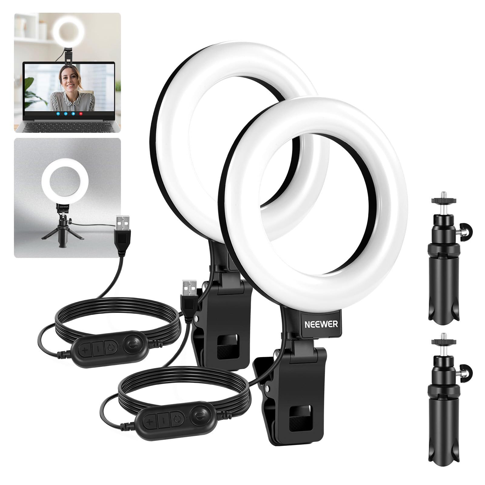 Neewer Ringlicht BR60 2er Pack Ringlicht 5", Ansteck Licht, mit Schreibtischstativen, für Videokonferenz Beleuchtung Monitor Laptop Computer Live Streaming