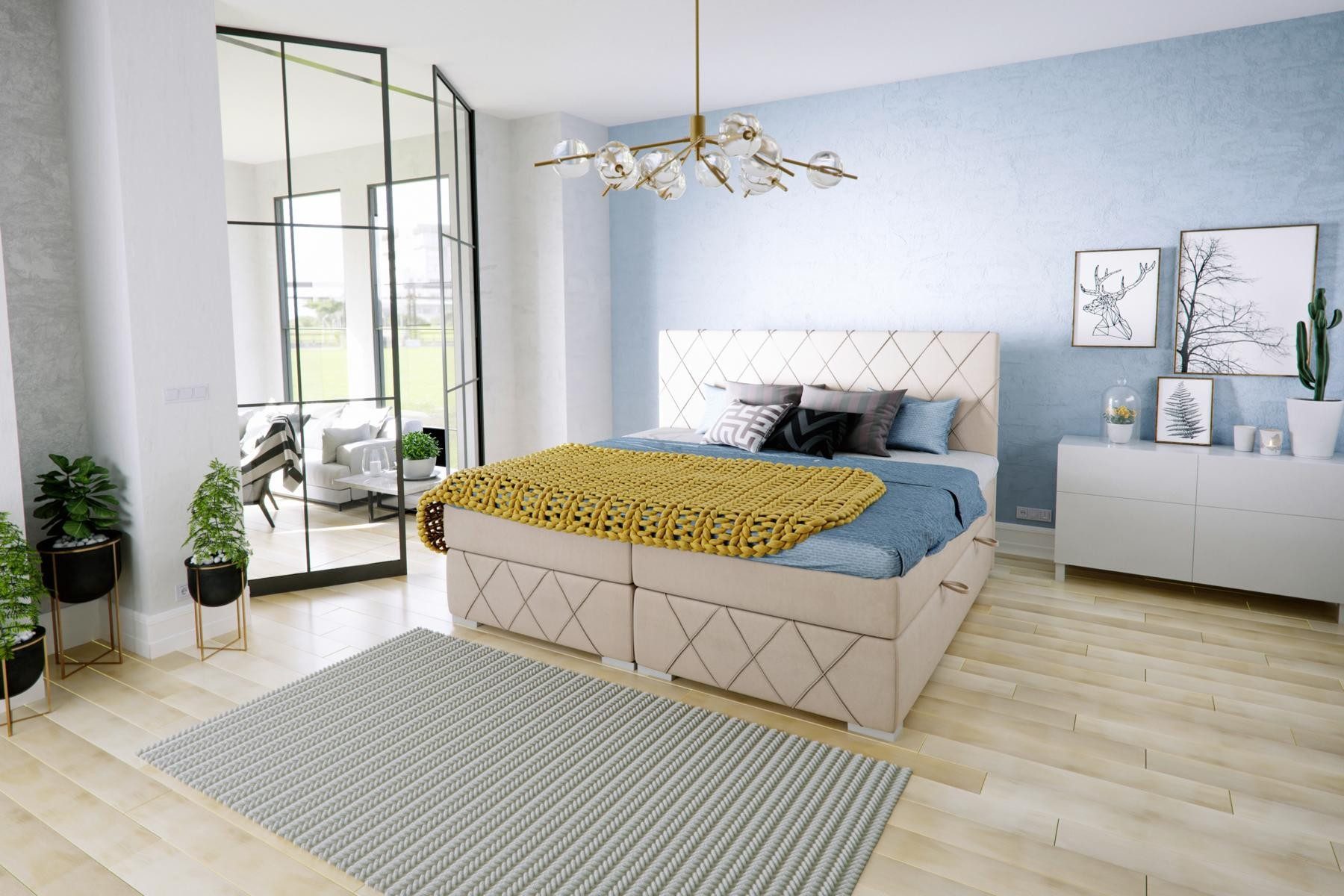 JVmoebel Boxspringbett Komfortables Bett mit Doppelmatratze und Topper in Grau, Made in Europa