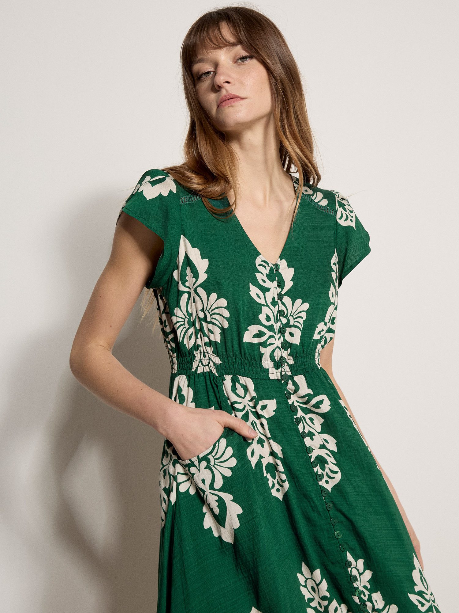 Apricot A-Linien-Kleid Midi-Kleid mit Folk-Blumenmuster mit Stickerei