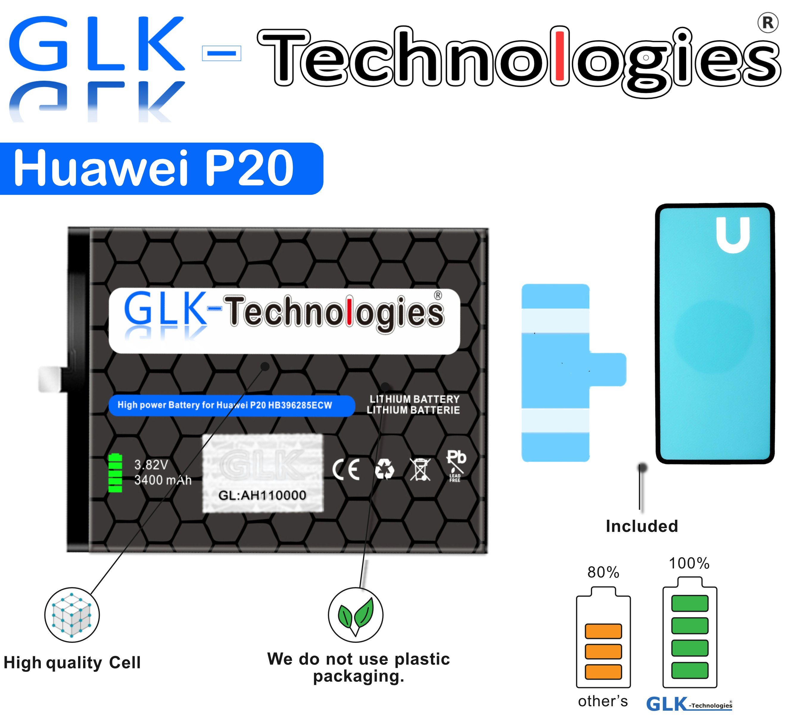 High Smartphone-Akku / V) P20 Ersatz 10 mAh inkl. Power 2X für Klebebandsätze (3,8 Huawei GLK-Technologies Akku Honor 3400
