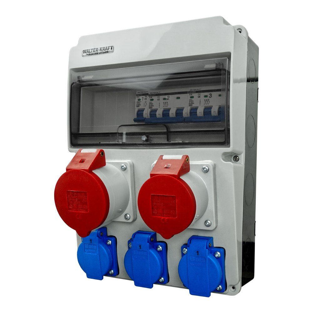 WALTER-KRAFT Stromverteiler Baustromverteiler LS-Schalter CEE 32A/16A 3x230 Bals Steckdosenverteiler (Leitungschutzschalter für CEE-Steckdosen 1 x C32A 3P 6kA, 1 x C16A 3P 6kA, Leitungschutzschalter für 230V Steckdosen 1 x C16A 1P 6kA), ausgestattet mit Bals Steckdosen