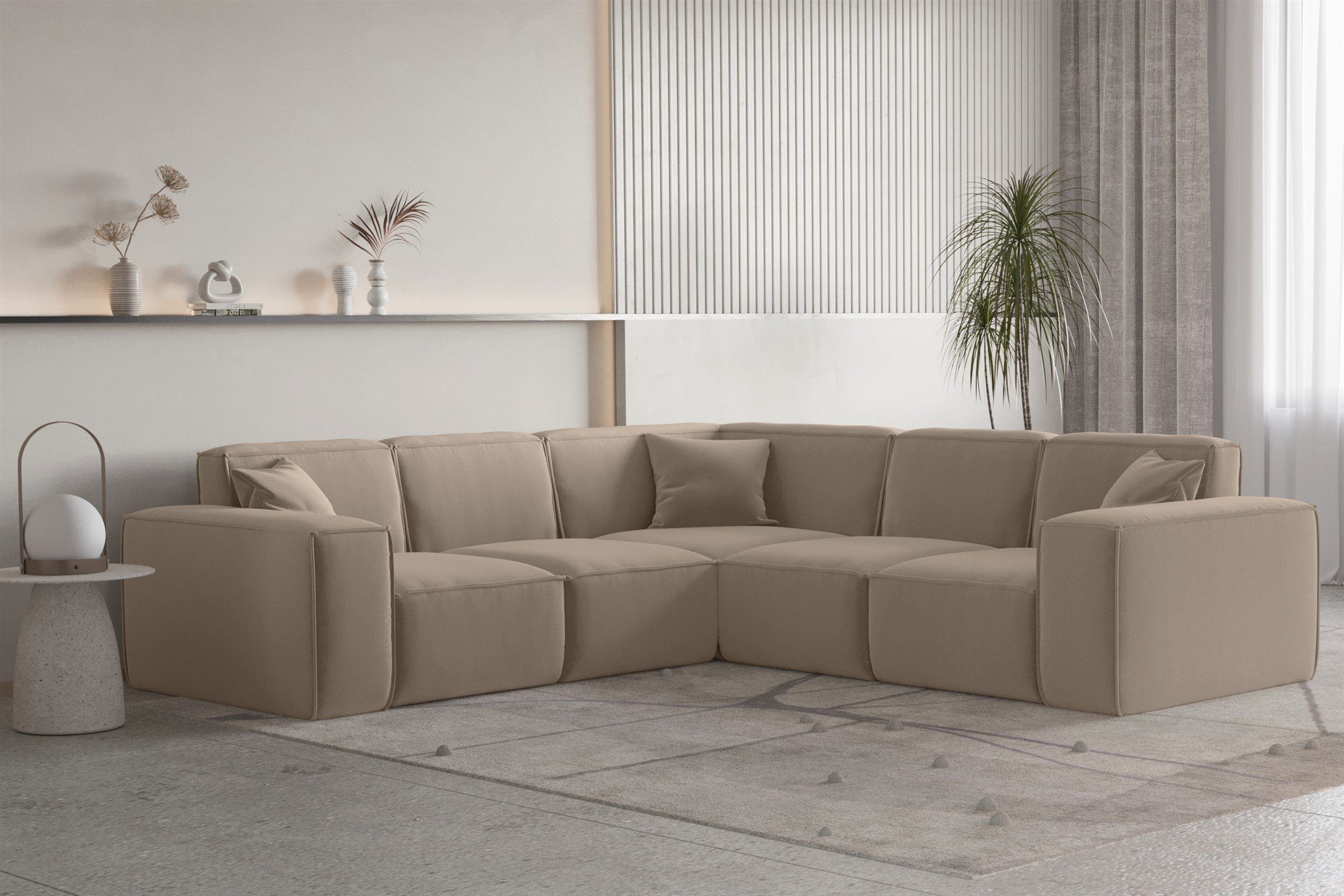 Fun Möbel Ecksofa Ecksofa Designersofa CELES PREMIUM Seite Universal in Stoff, Inkl. 3 Zierkissen