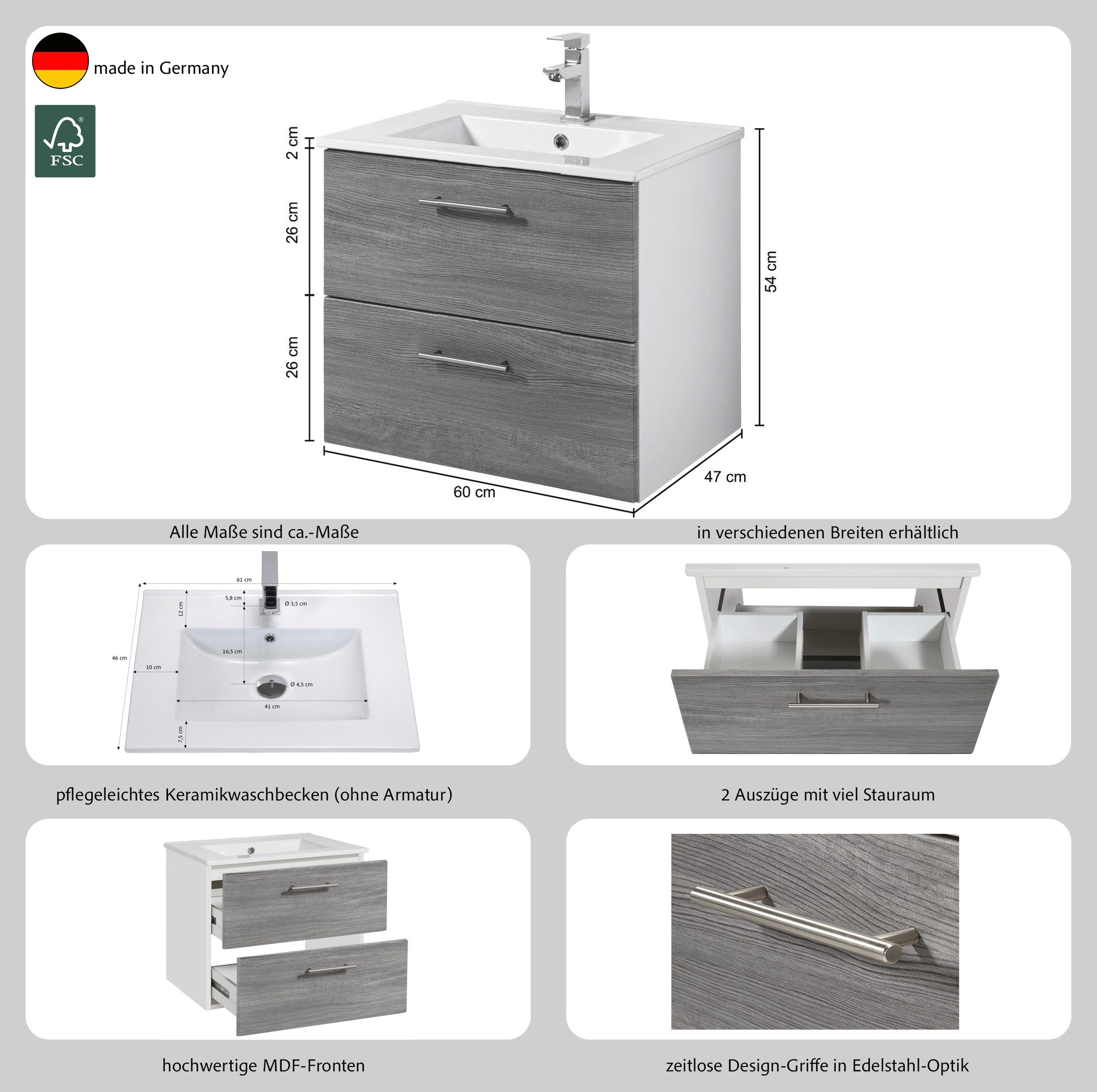 welltime Waschtisch Trento in verschiedenen Ausführungen inkl. Waschbecken, Badmöbel in Breite 60 cm, Badschrank Waschplatz mit 2 Schubladen