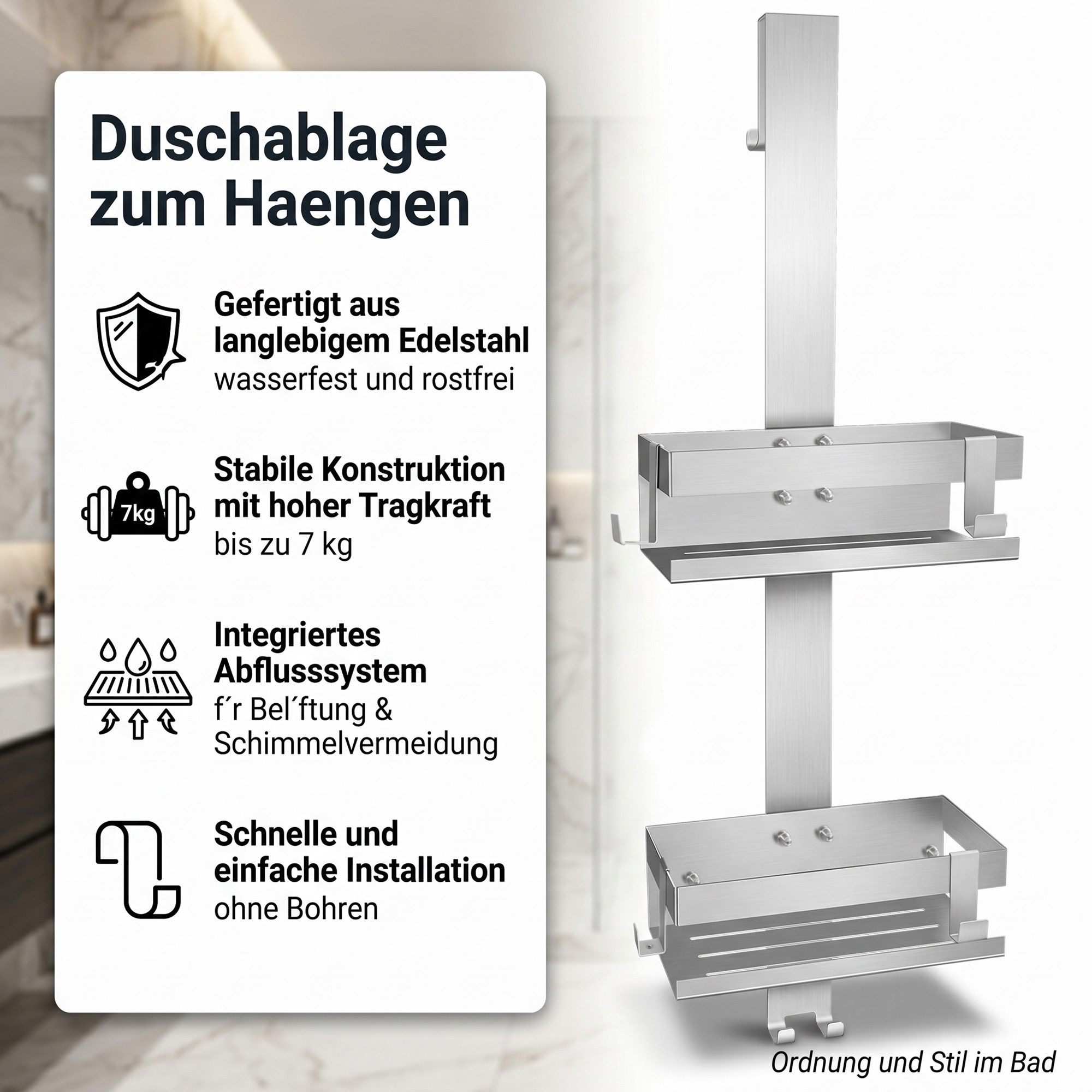 Mucola Duschablage Duschregal ohne Bohren Duschorganizer Handtuchhalter Badregal Korb, 1 1-tlg., inkl. Saugnäpfe verhindern Kratzer an der Scheibe