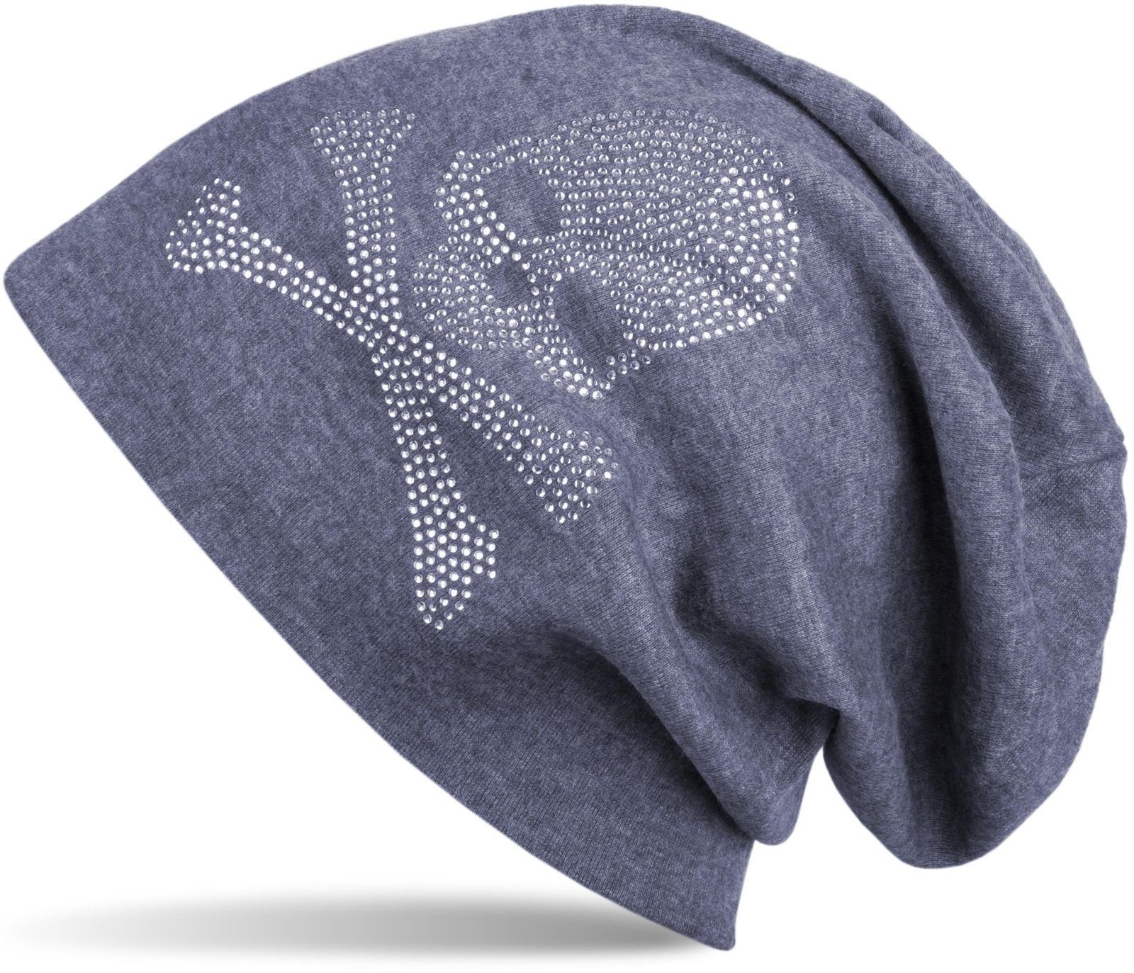 styleBREAKER Beanie (1-St) Beanie mit Strass Totenkopf Jeansblau meliert