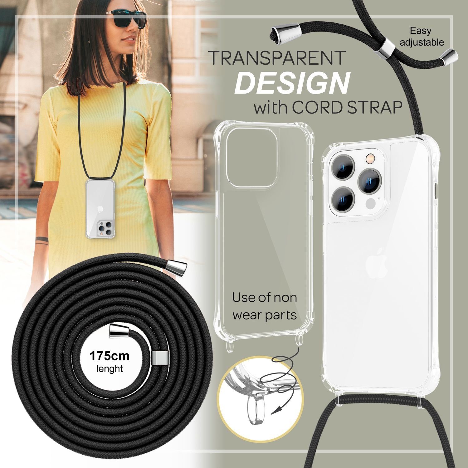 Nalia Backcover Apple iPhone 14 Pro Max 17 cm (6,7 Zoll), Klare Hybrid Hülle mit Kette / Schutzhülle zum Umhängen / Handyband