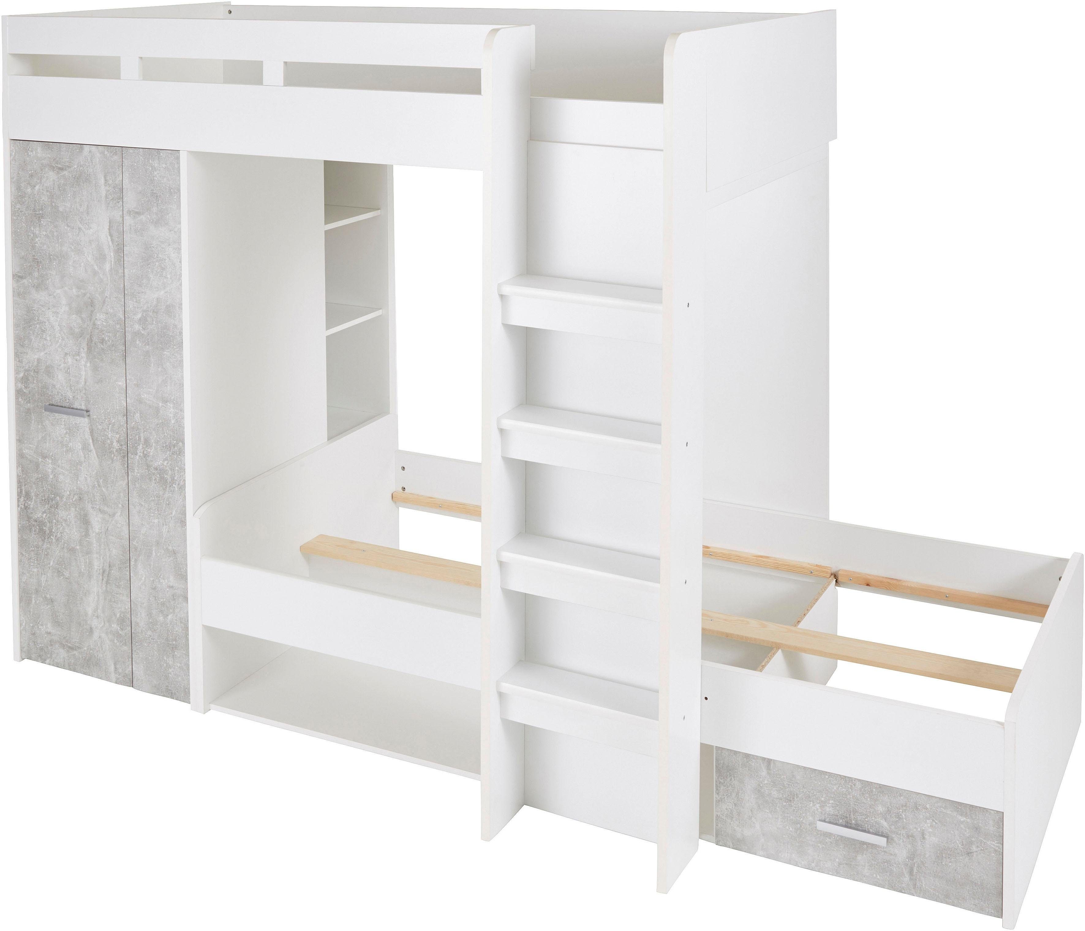 Begabino Hochbett MAXI mit 2 Liegeflächen, Kleiderschrank und Regalen weiß/betonfarben