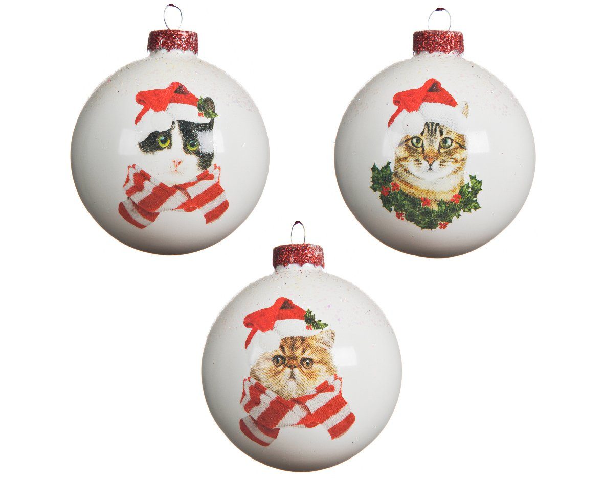Decoris season decorations Weihnachtsbaumkugel, Set 8cm Katzen mit Motiv Weihnachtskugeln 12er weiß, Glas