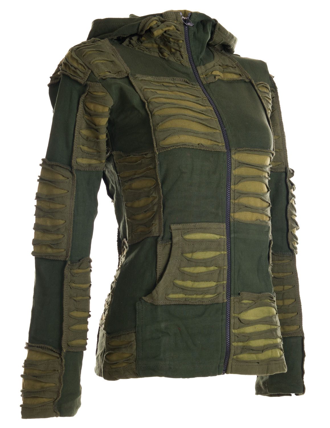 Vishes Kurzjacke Patchwork Jacke mit Cutwork und Zipfelkapuze Boho, Hippie, Elfen, Goa Style