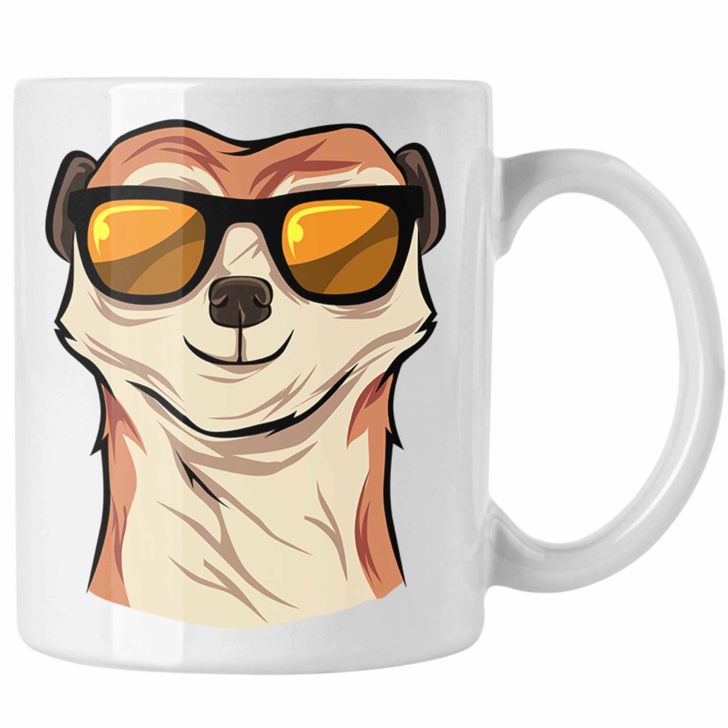 Trendation Tasse Lustige Erdmännchen Sonnenbrille Tasse Geschenk für Tierliebhaber Weiss