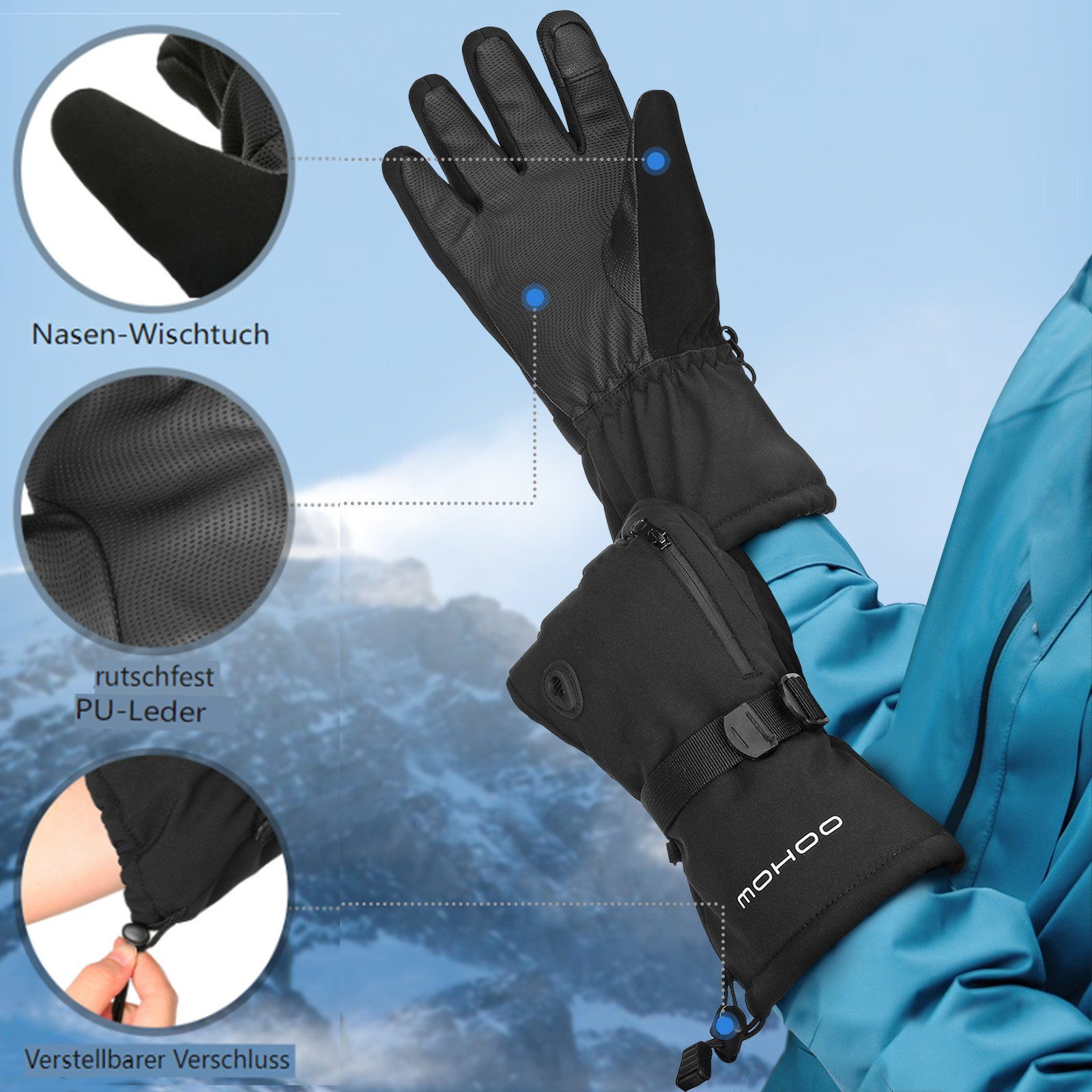 (M) Fahrrad Skihandschuhe Mohoo Handschuhe, Wasserdicht Schwarz Touchscreen, Skihandschuhe Winter
