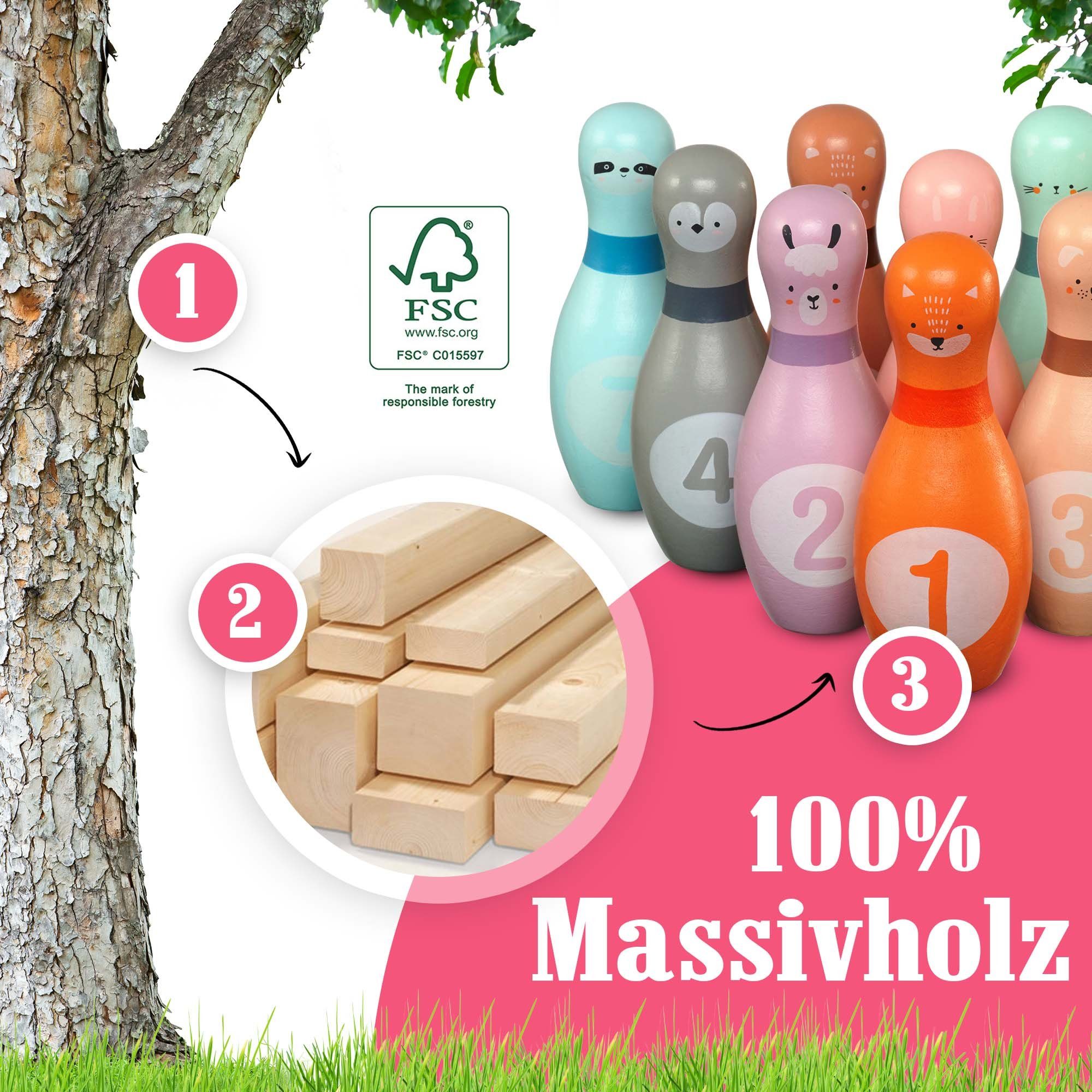 Pink Papaya Spiel Kegelspiel für Kinder Kids Bowling Set, Familienspiel, Indoor & Outdoor, Robust und liebvevoll gestaltet