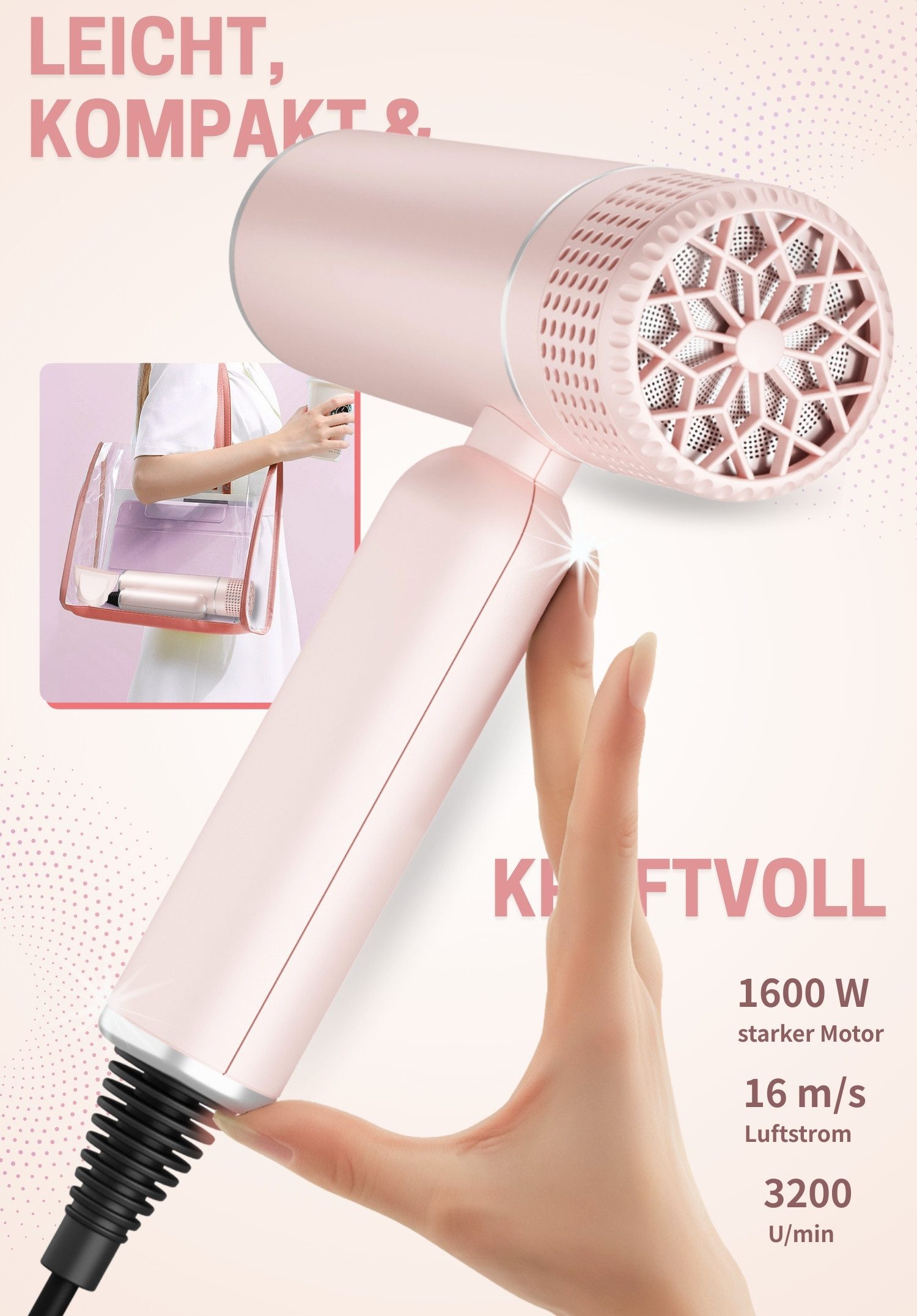 MCURO Ionic-Haartrockner Kompakter Ionen Föhn mit Tasche, 1600 W, Konzentrator Düse & Diffusor-Option, Haartrockner leicht & kompakt, für Reise, Fitness oder Büro