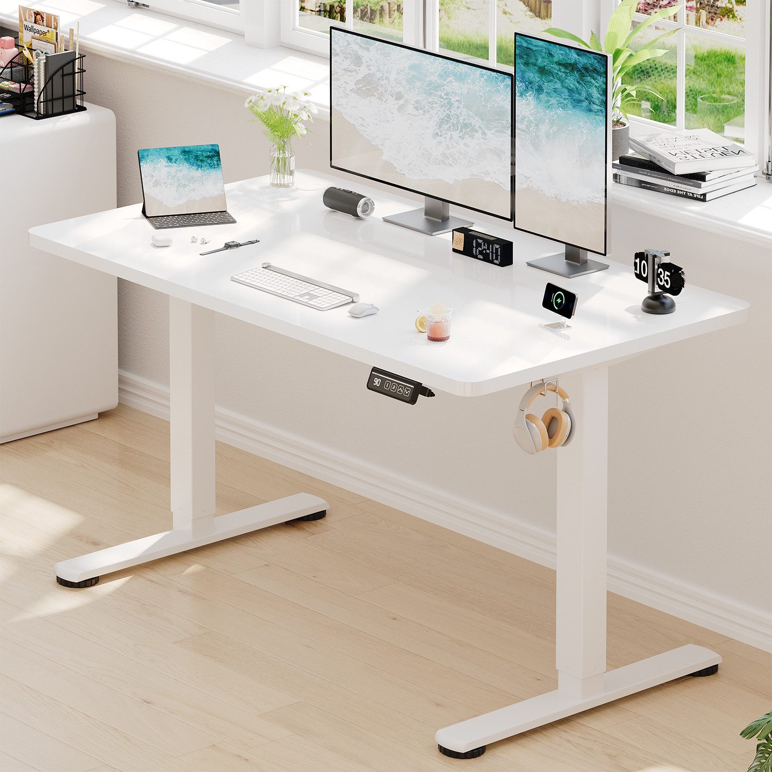 HOMALL Schreibtisch Höhenverstellbar elektrischer Memory-Funktion 100/120/140/160/180cm (Zweistufige Hohenverstellung Ergonomischer Kopfhorerhaken und Kabelhalt – Bild 3 von 5