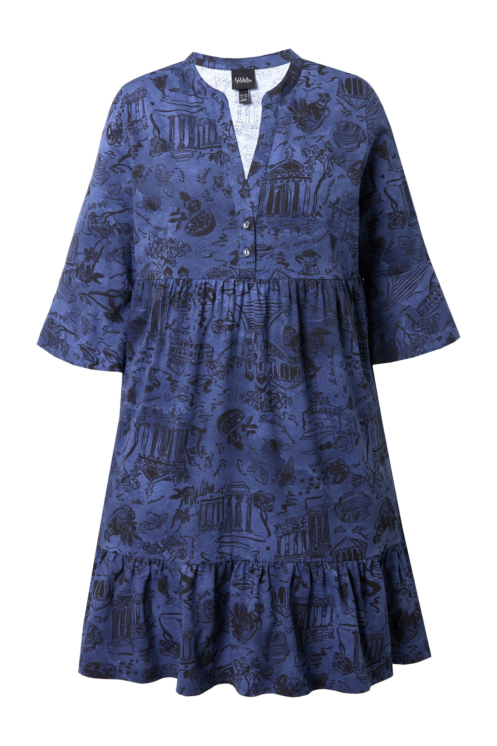 Ulla Popken Jerseykleid Jerseykleid A-Linie Tunika-Ausschnitt 3/4-Arm günstig online kaufen