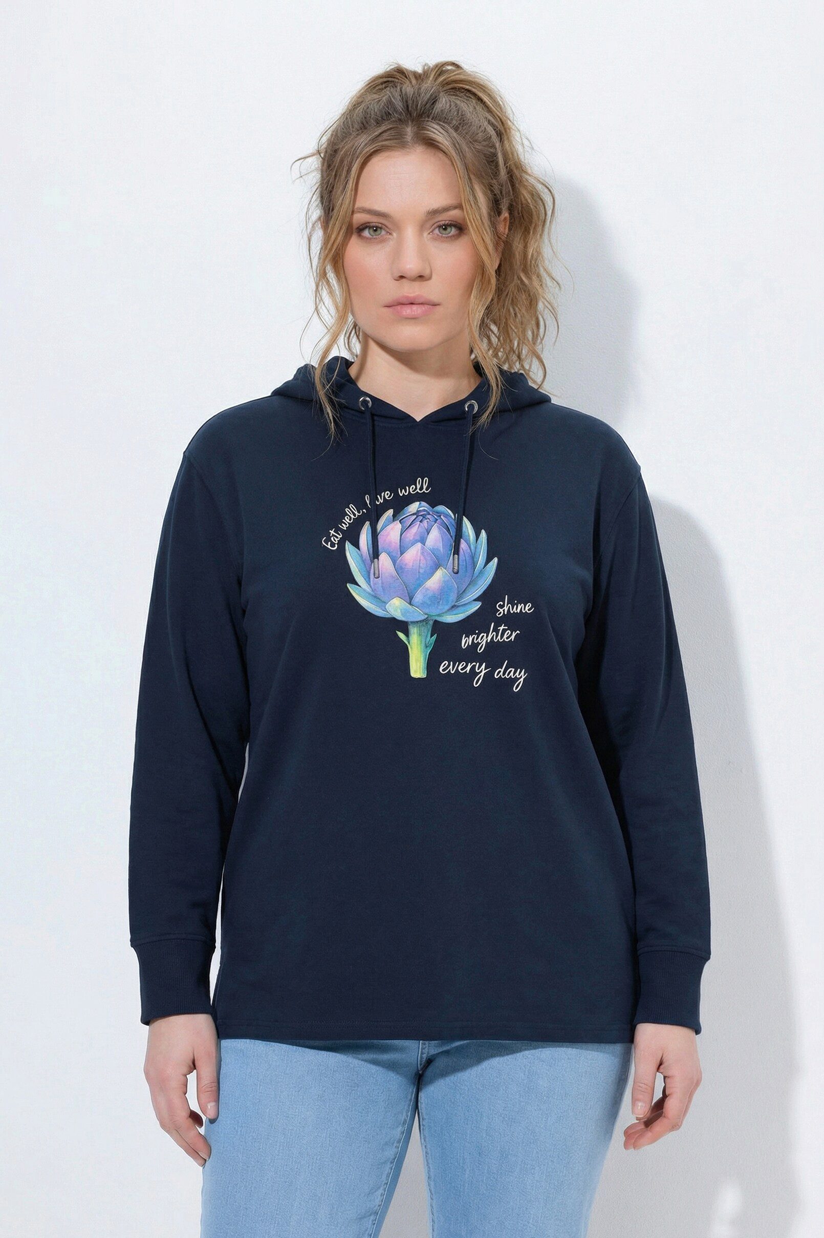 Ulla Popken Sweatshirt Hoodie Artischocke Kapuze Langarm Biobaumwolle