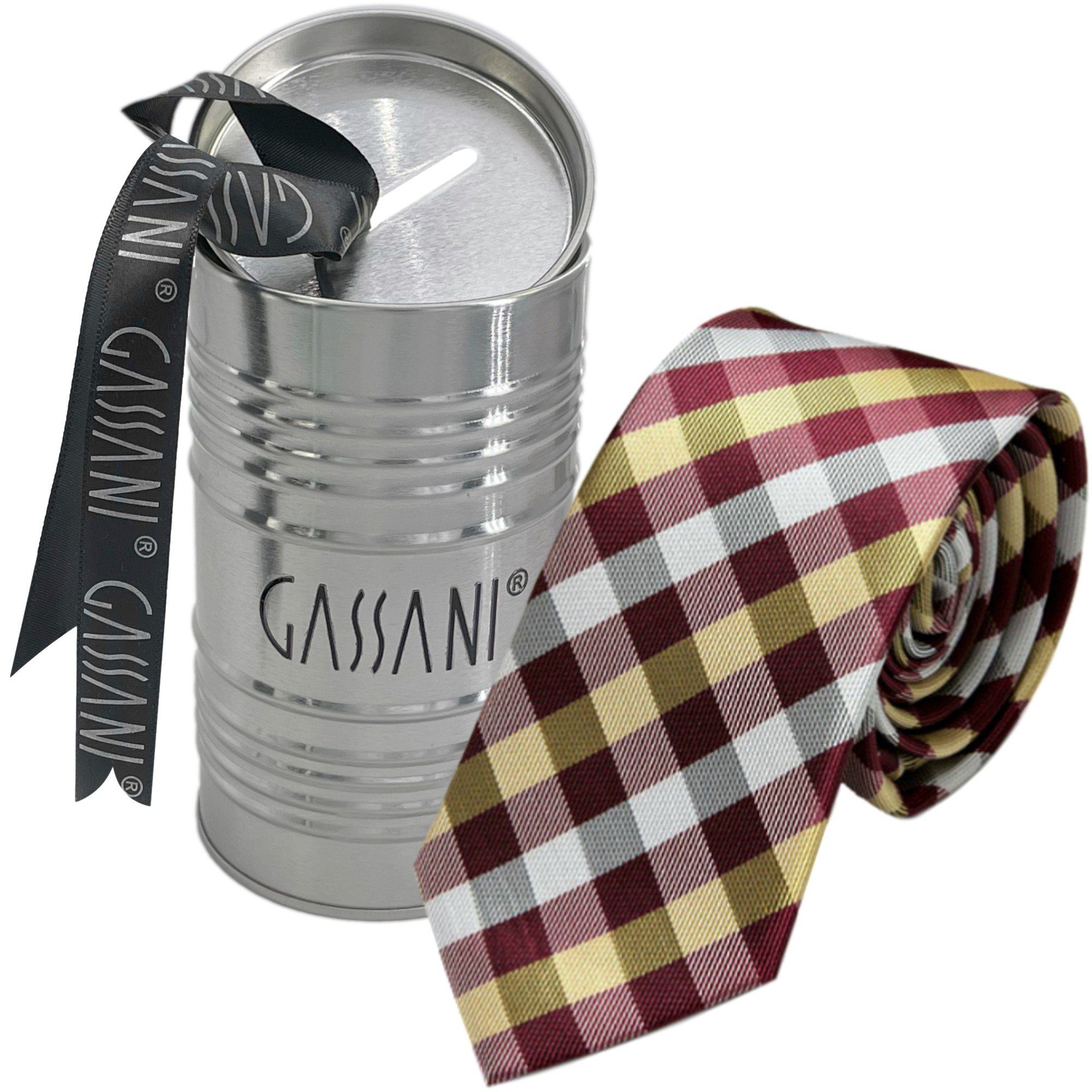 GASSANI Krawatte Slim Karo Herren-Schlips Schmal zum Anzug Sakko (Set, 2-St., Businesskrawatte, Kariert mit Feinen Streifen, Schotten-Karo, Glencheck-Design, Tartan, Plaid, Karomuster, inkl Geschenkverpackung) Retro Männer Binder, In Geschenk-Box Dose Blech-Spardose, Seide-Touch Weinrot Gold-Gelb Lichtgrau Bordeaux-Rot Dunkelrot Dunkles Rot Gelb-Gold Golden Senf-Gelb Hell-Grau