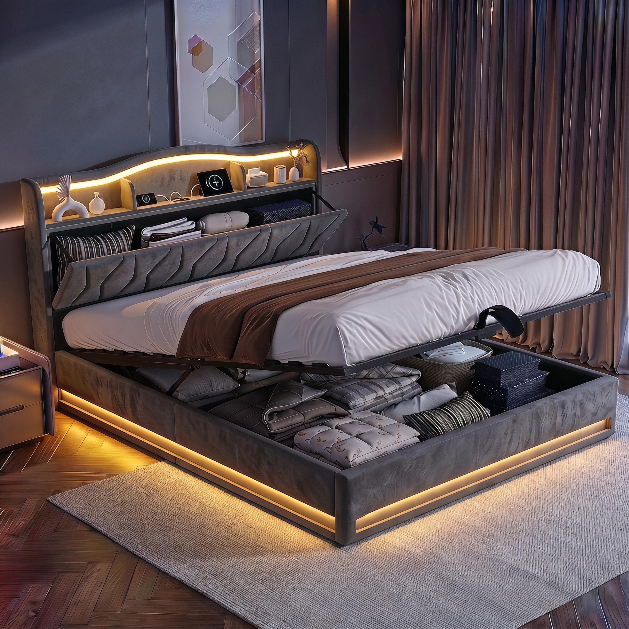 Gdood Stauraumbett Polsterbett LED Doppelbett (Inkl. Komforthöhe Lattenrost, Leises Design Bett), Mit Bettkasten, RGB Beleuchtung, Ladefunktion