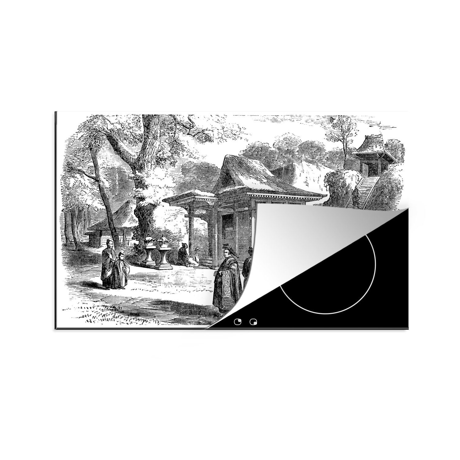MuchoWow Herdblende-/Abdeckplatte Schwarz-Weiß-Abbildung eines Altars in Yokohama, Japan, Vinyl, (1 tlg), 81x52 cm, Induktionskochfeld Schutz für die küche, Ceranfeldabdeckung