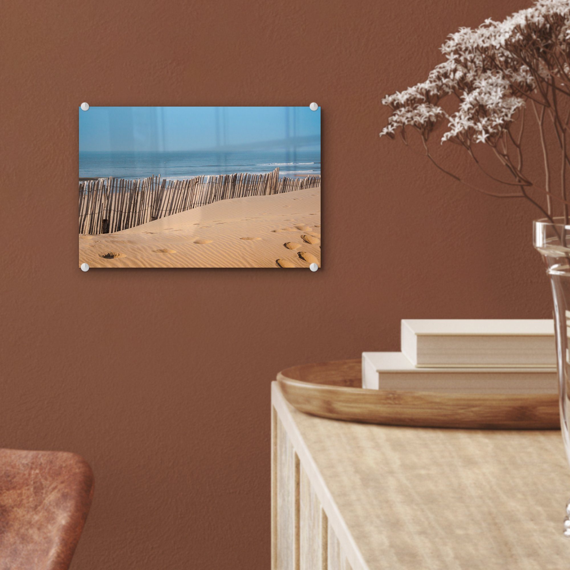MuchoWow Acrylglasbild Strand - Wandbild Foto auf Glas - St), Wanddekoration (1 Meer, Bilder - auf Pfähle Glas Glasbilder - 