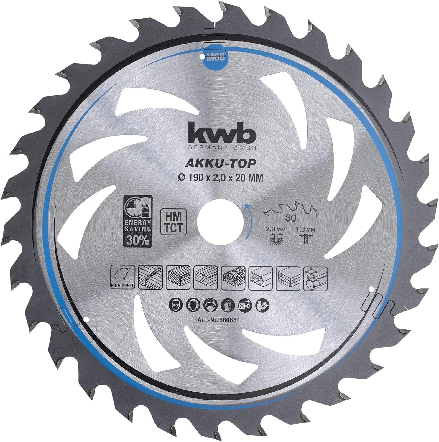 kwb Kreissägeblatt Sägebl HM Mit-Dü 190x20 Z30, Kreissägeblatt 190 x 20 mm, leichtgängig, speziell für Akkumaschin
