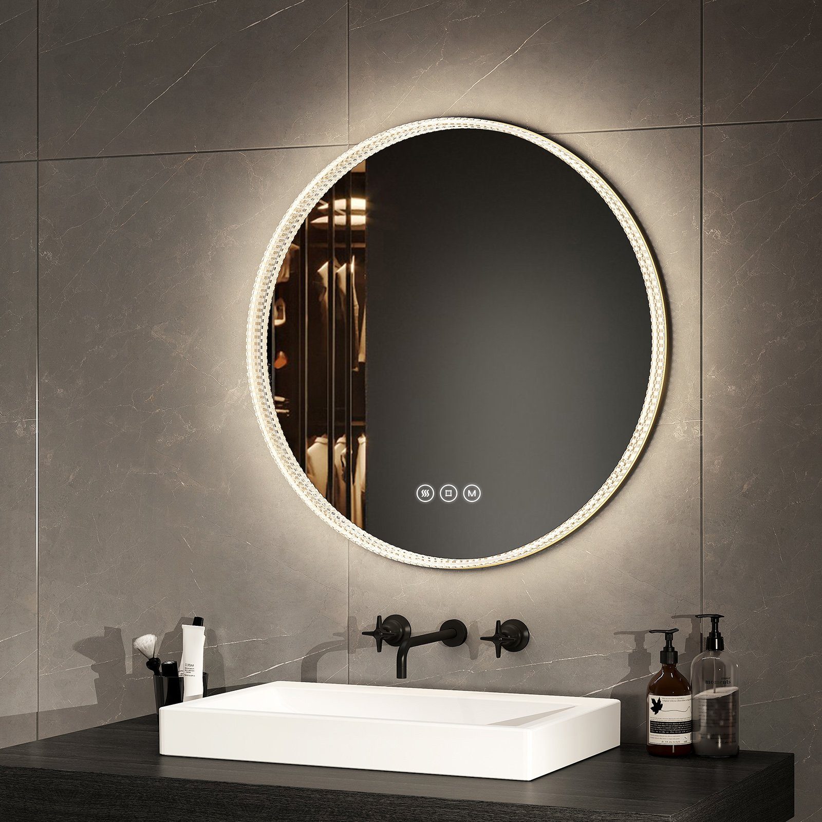 EMKE Badspiegel 60 cm LED Wandspiegel Spiegel, Acryl 3 Memory-Funktion Lichtfarben Rand Rahmen Badezimmerspiegel Touch, mit Goldener Antibeschlage,Dimmbar