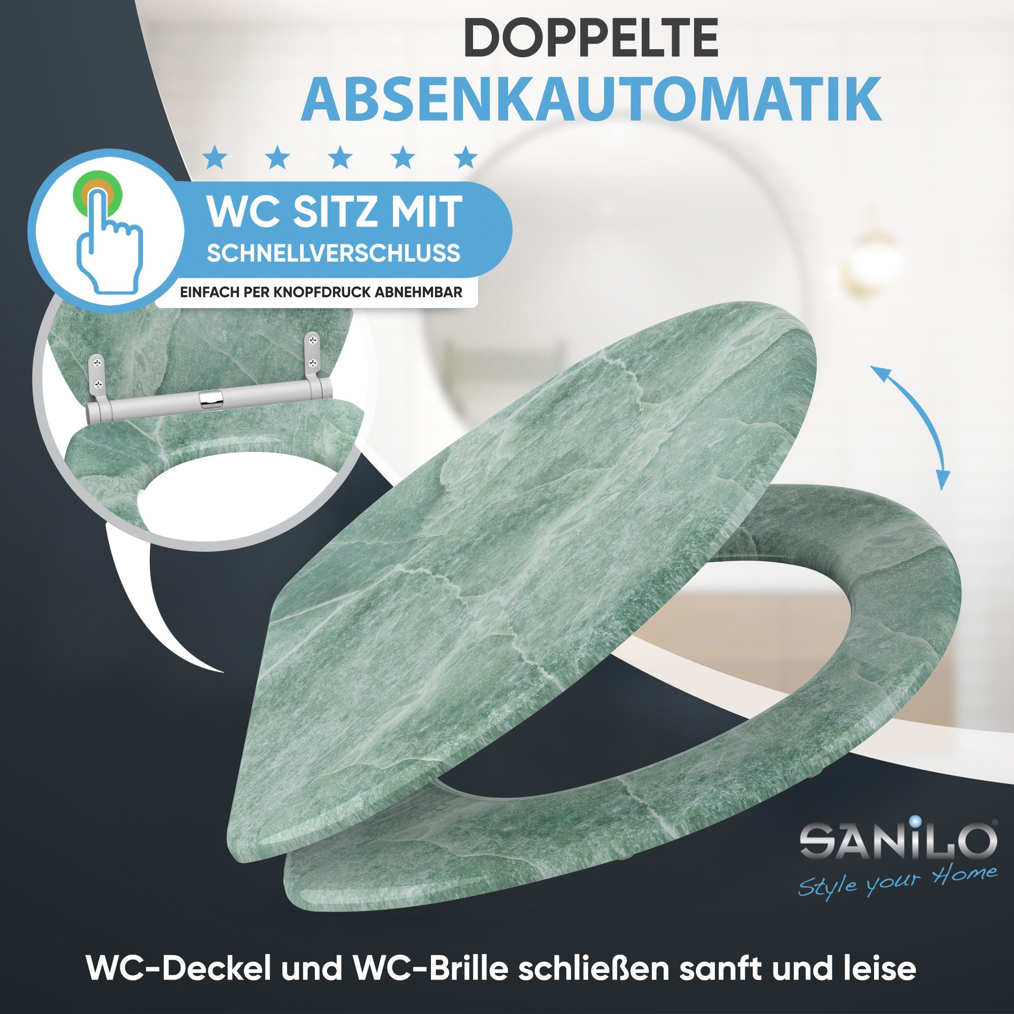 Sanilo WC-Sitz Marmor Grün mit Absenkautomatik & Quick Release, Premium Toilettendeckel, abnehmbar, leichte Montage von oben – Bild 3 von 5