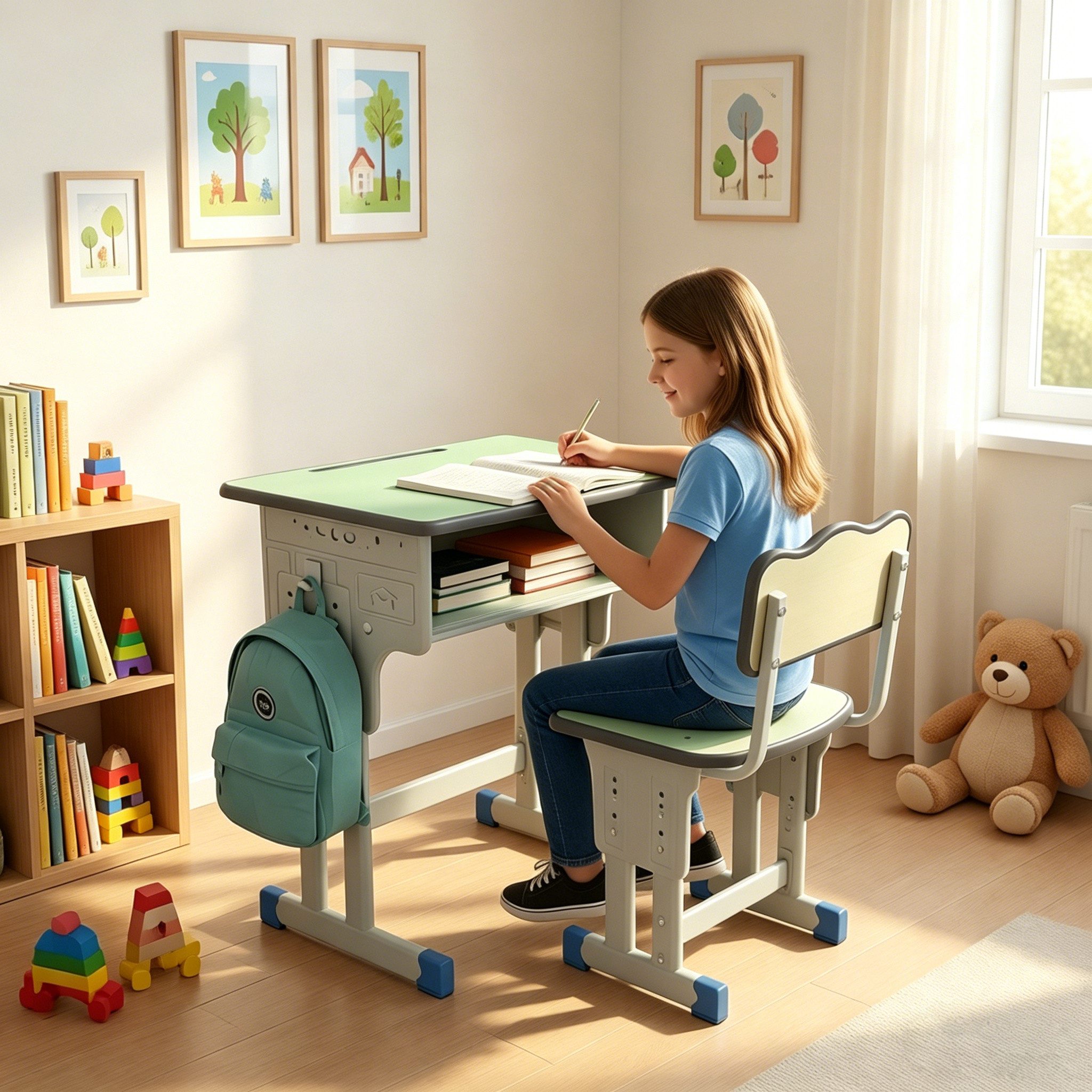 BBG Kinderschreibtisch Höhenverstellbares Kinder Schreibtisch Set mit Stuhl (Ergonomischer Lerntisch 60x40 cm, 4-Stufen Höhenverstellung, Ein Tisch, ein Stuhl), – Bild 4 von 5
