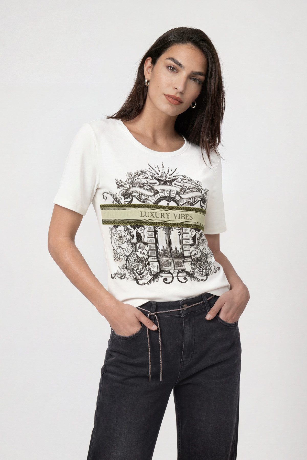 Monari T-Shirt Shirt Druck + Schmuck Regular fit mit Strassdetails