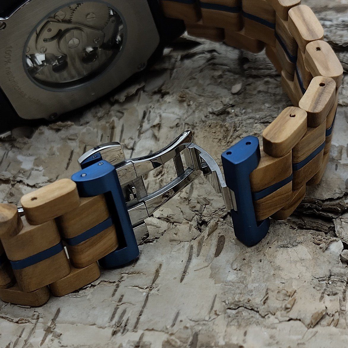 Holzwerk Automatikuhr CASTROP Tonneau Holz Armband Herren in blau schwarz Uhr beige, &